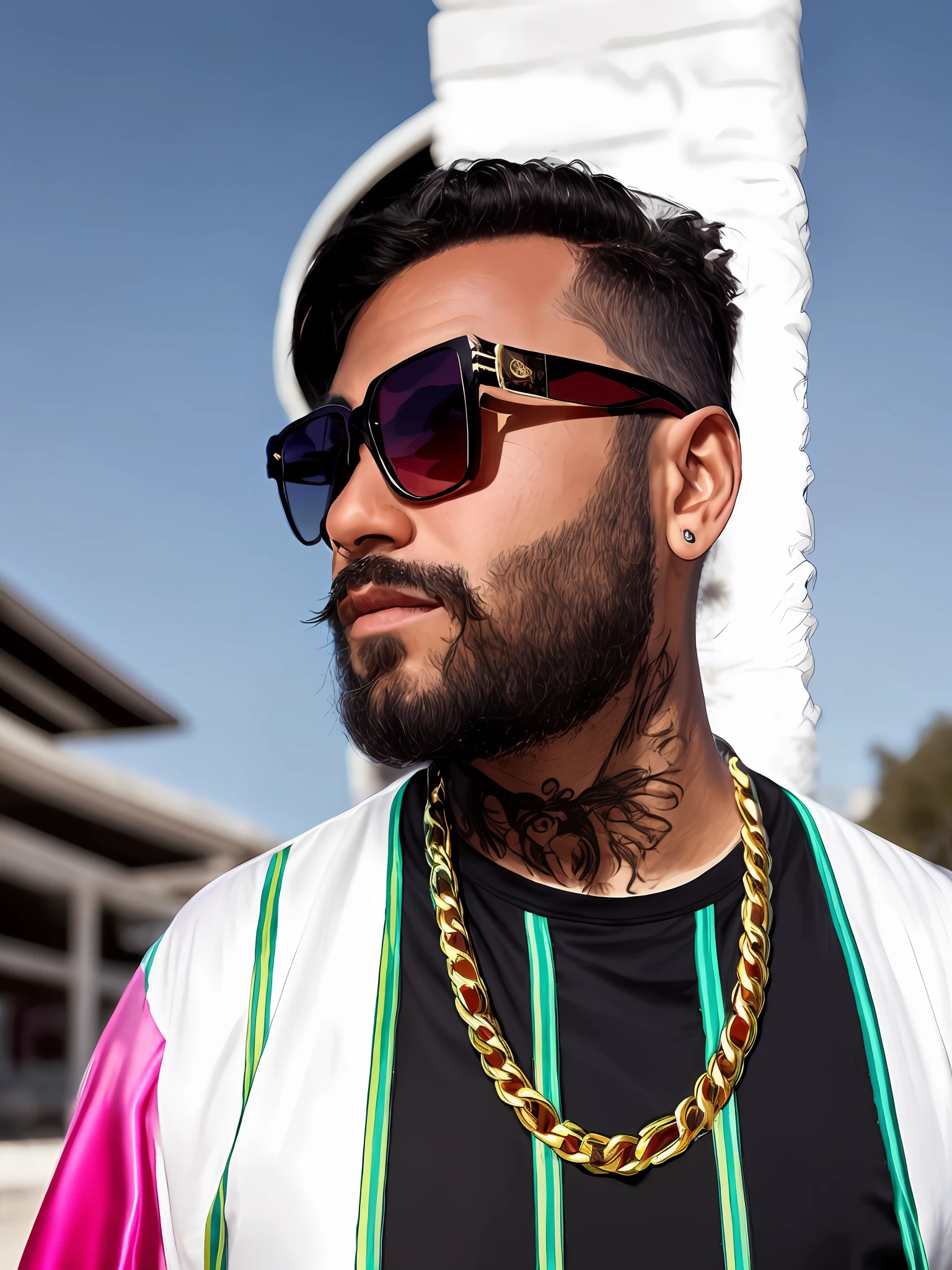 araffe with a beard and a white shirt wearing sunglasses, wearing versace sunglasses, taken in the early 2020s, perfect shading, lit from the side, looking off to the side, tapered hairline, official artwork, looking to the side off camera, looking heckin cool and stylish, portrait shot 8 k, 🤬 🤮 💕 🎀