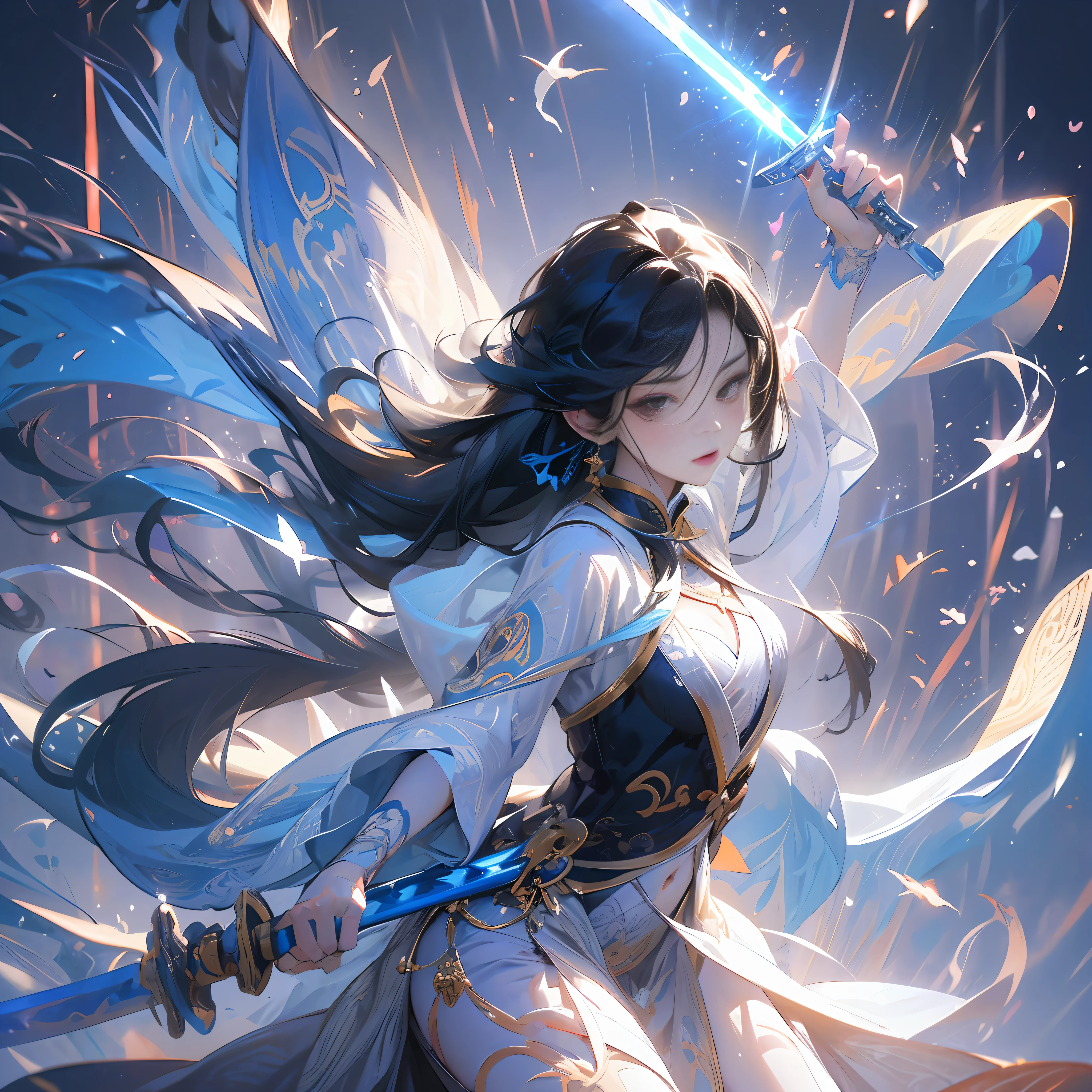 :A fairy oriental fairy with long hair

flying, holding a Chinese sword, (macro sword) iscasting magic, the ultimate flow of colorful

miasma around the sword body, evtreme flowx，snow hyper-realistic，-nji 5--ar 9:16#古风#