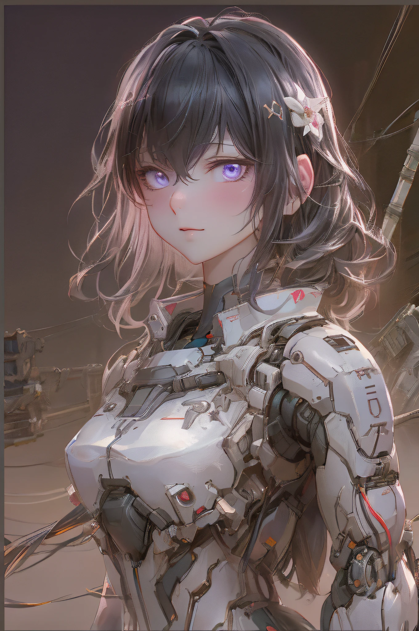 Top Quality, Masterpiece, Ultra High Resolution, (Photorealistic: 1.4), Raw Photo, 1 Girl, Black Hair, Glossy Skin, 1 Mechanical Girl, (Ultra Realistic Detail)), Portrait, Global Illumination, Shadows, Octane Rendering, 8K, Ultra Sharp, Big, Cleavage Exposed Raw Skin, Metal, Intricate Ornament Details, Japan Details, Very intricate details, realistic light, CGSoation trend, purple eyes, glowing eyes, facing the camera, neon details, mechanical limbs, mechanical, standing, wires and cables connecting to the head, gundam, small LED lamps, neon light, 1 Mecha, sharp eyes, human mouth, mecha body, mechanical body, gundam suit,