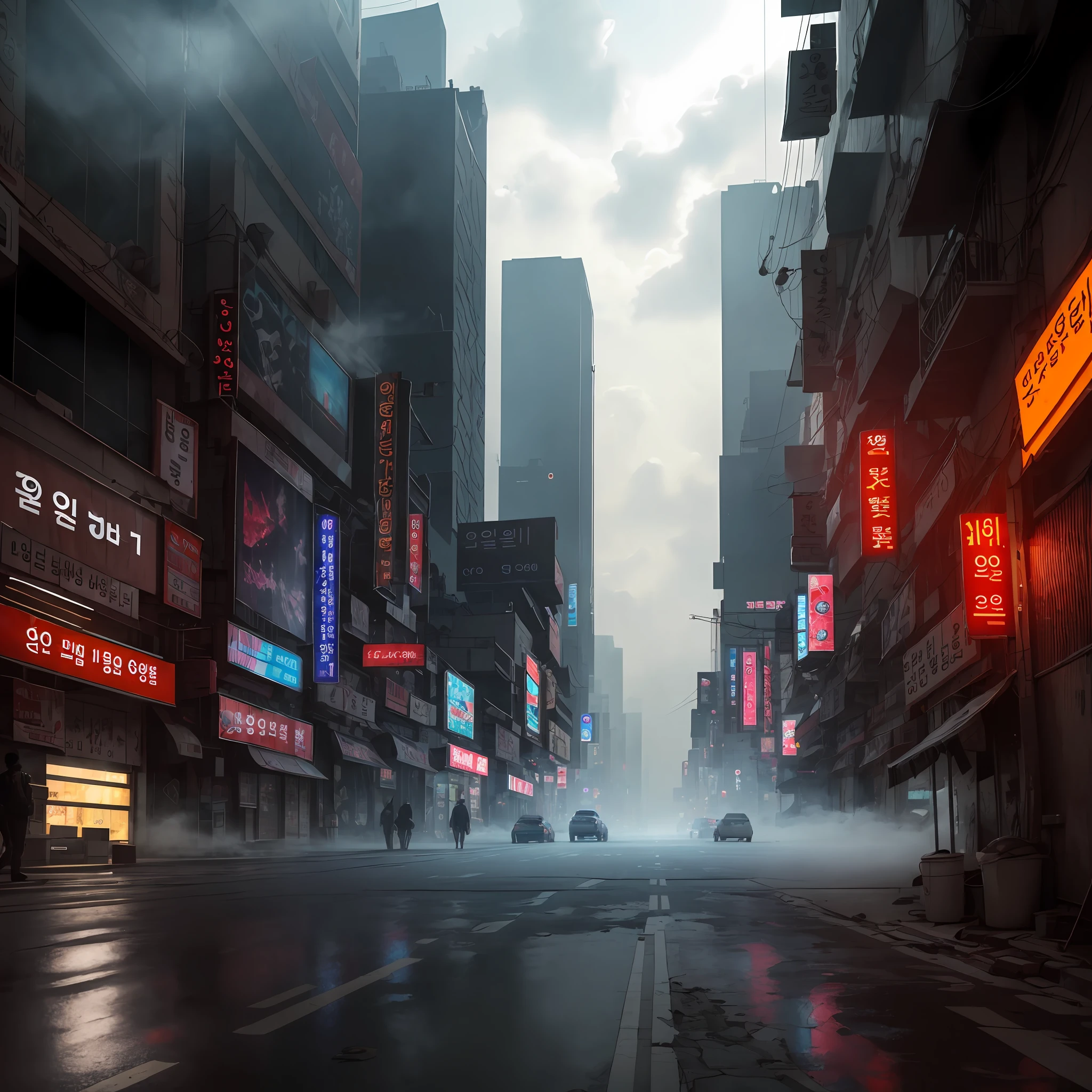 Dense fog in Seoul,clouds, cyberpunk city of science fiction movie, empty street, korean, korean signs, intricate, hyper-detailed, realistic, ultra-realistic, high quality, ultra detail, crazy detail, photographic realism, 8k, --auto