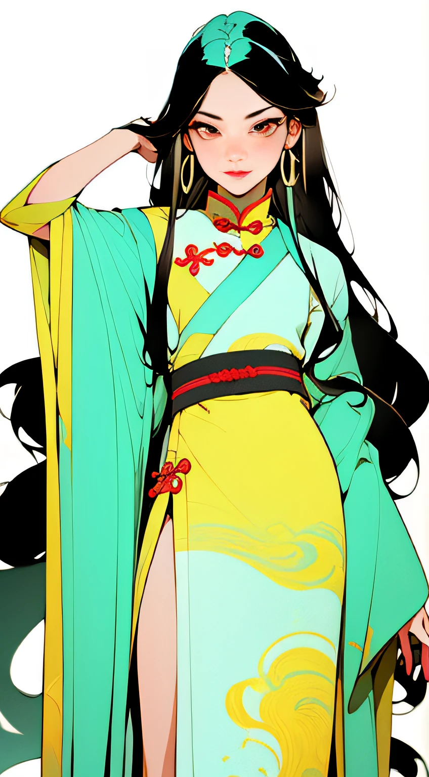 (Masterpiece, Top Quality, Best Quality), ((Wuxia World, Xiuxian, Chinese Wuxia, Wuxia Xiuxian Aesthetics)), (1 Girl Solo), (Close-up), (Gentle Eyes), (Ancient Chinese Clothes, Cyan Robe, Embroidered Collar Uesugi, White Big Sleeve Shirt, Streamers), Light Pink Lips, (Young), Earrings, White Skin, (Hairpins, Long Black Hair), (Hanfu), (Clear Facial Features, Detailed Skin Texture, Beautiful Face), White Background, Standing, Slim Figure, (((flat color))),
