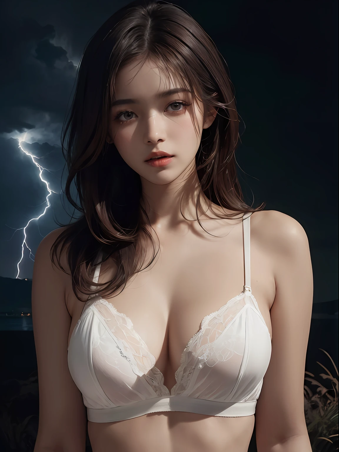 beautiful girl, brown hair, messy hair, dark theme, soothing tones, muted colors, high contrast, (natural skin texture, hyperrealism, side-lightning, sharp), white lingerie, big breasts, sexy body