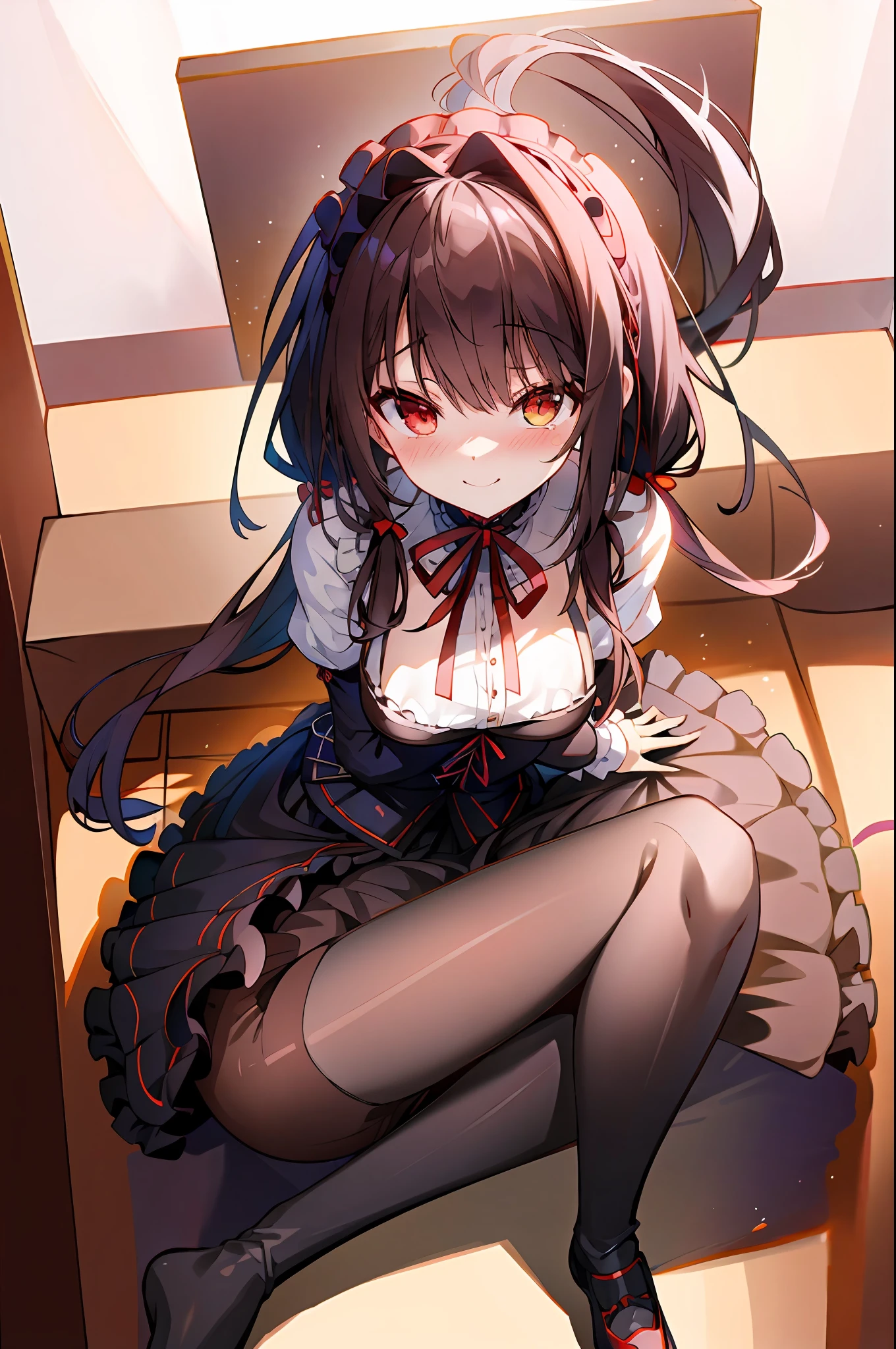 (masterpiece, top quality, best quality, official art, beautiful and aesthetic:1.2),(8k, best quality, masterpiece:1.2), there is a woman sitting in a box full of money and diamod, ahegao,tears,blush,cardboard box, ribbon bondage, bondage,shibari,bdsm, masterpice, best quality, tokisaki kurumi, school uniform, 1girl, full body, heterochromia, dress, red eyes, night, shadow, smile, looking at viewer, depth of field,