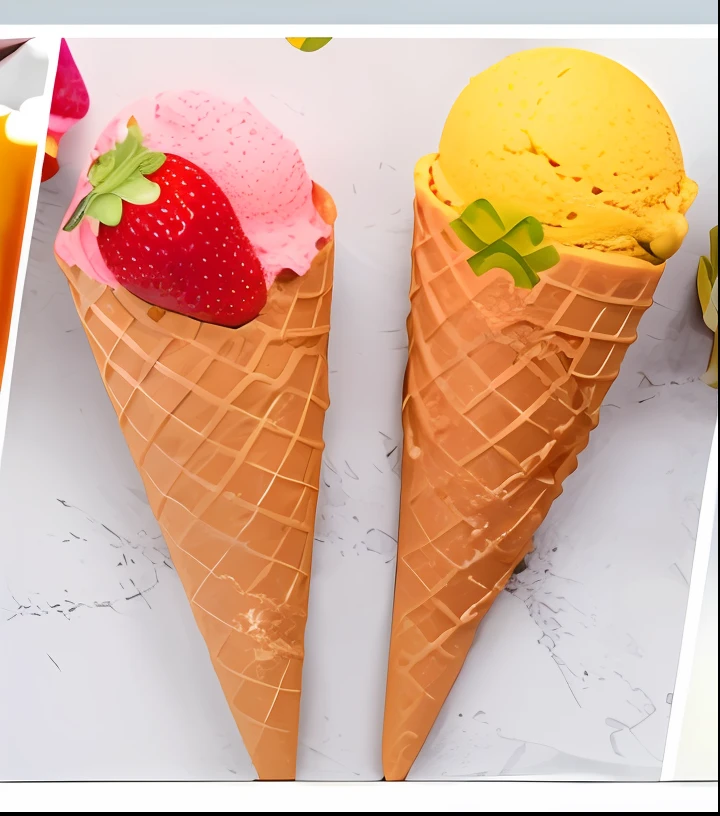 three different ice cream cones with strawberries and a strawberry, ice cream cones, ice cream on the side, ice cream cone, ice cream, mountains of ice cream, eating ice - cream, strawberry ice cream, eating ice cream, 🎀 🗡 🍓 🧚, cone shaped, illustration!, 4k polymer clay food photography, 🎀 🧟 🍓 🧚, sweets