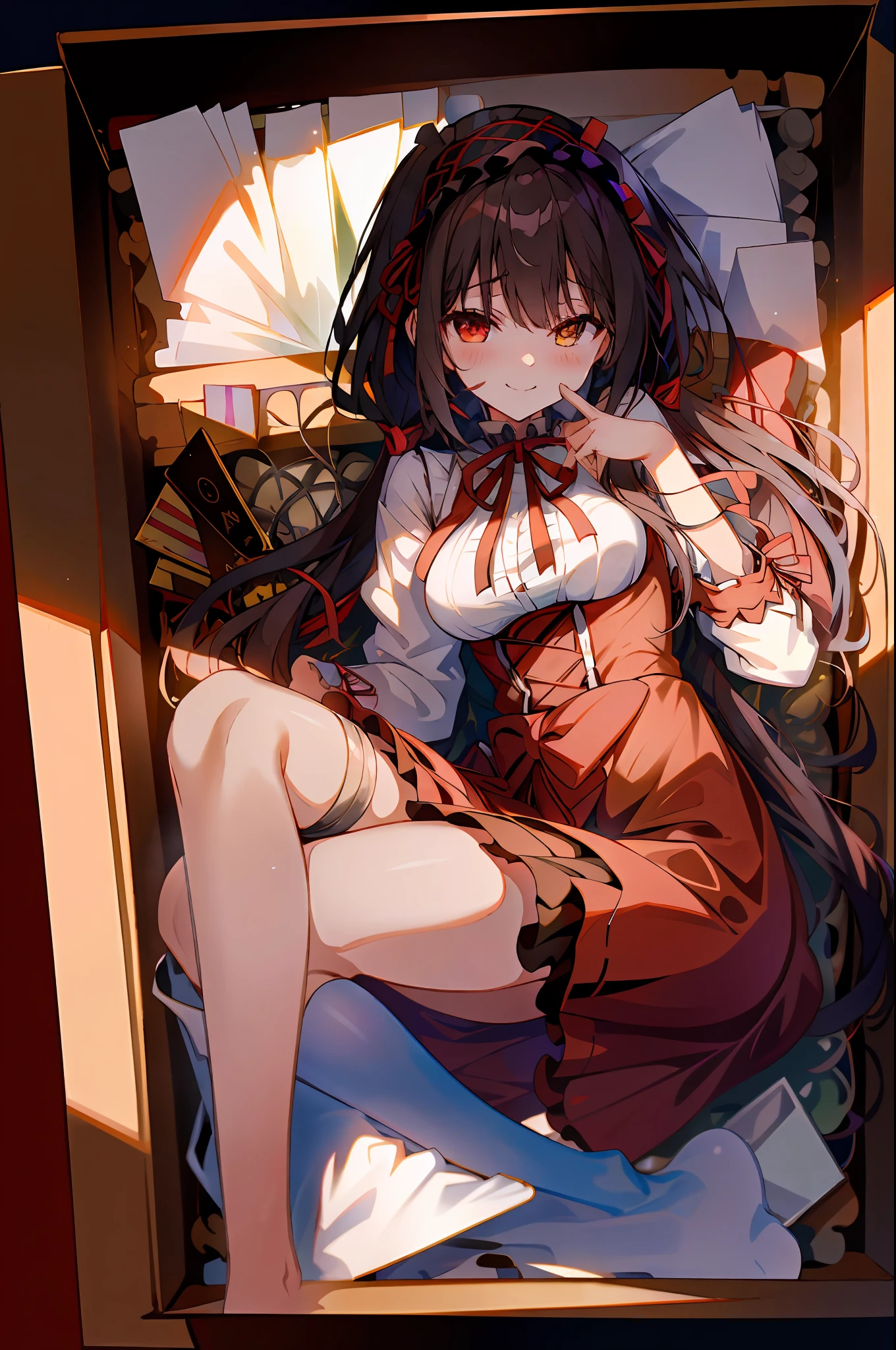 (masterpiece, top quality, best quality, official art, beautiful and aesthetic:1.2),(8k, best quality, masterpiece:1.2), there is a woman sitting in a box full of money and diamod, ahegao,tears,blush,cardboard box, ribbon bondage, bondage,shibari,bdsm,  masterpice, best quality, tokisaki kurumi, school uniform, 1girl, full body, heterochromia, dress, red eyes, night, shadow, smile, looking at viewer, depth of field,