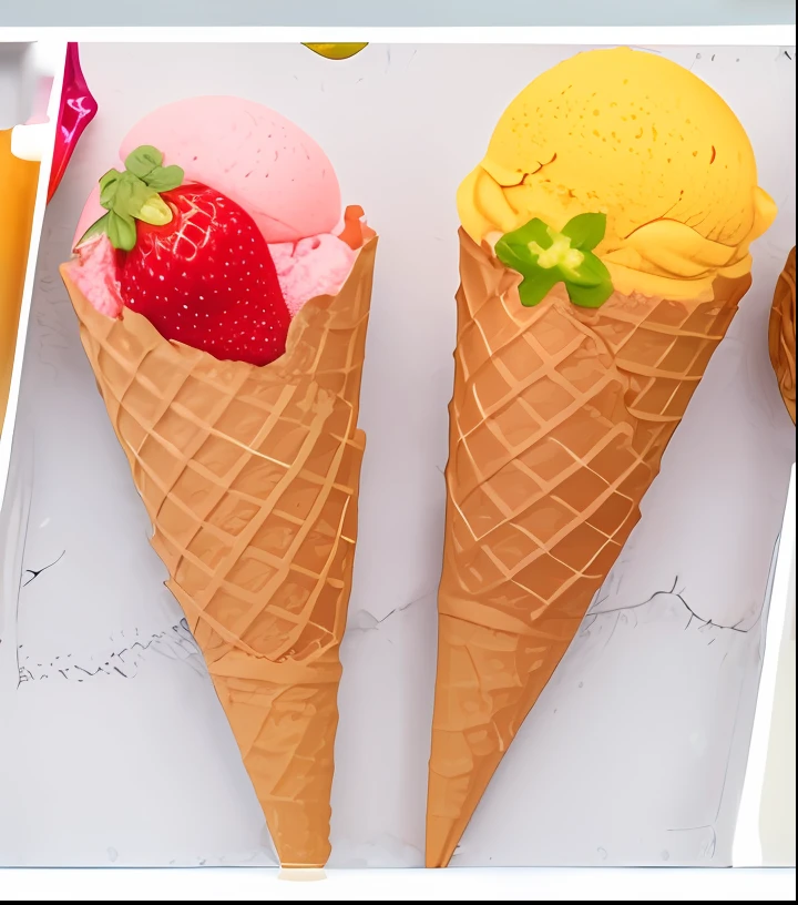 three different ice cream cones with strawberries and a strawberry, ice cream cones, ice cream on the side, ice cream cone, ice cream, mountains of ice cream, eating ice - cream, strawberry ice cream, eating ice cream, 🎀 🗡 🍓 🧚, cone shaped, illustration!, 4k polymer clay food photography, 🎀 🧟 🍓 🧚, sweets
