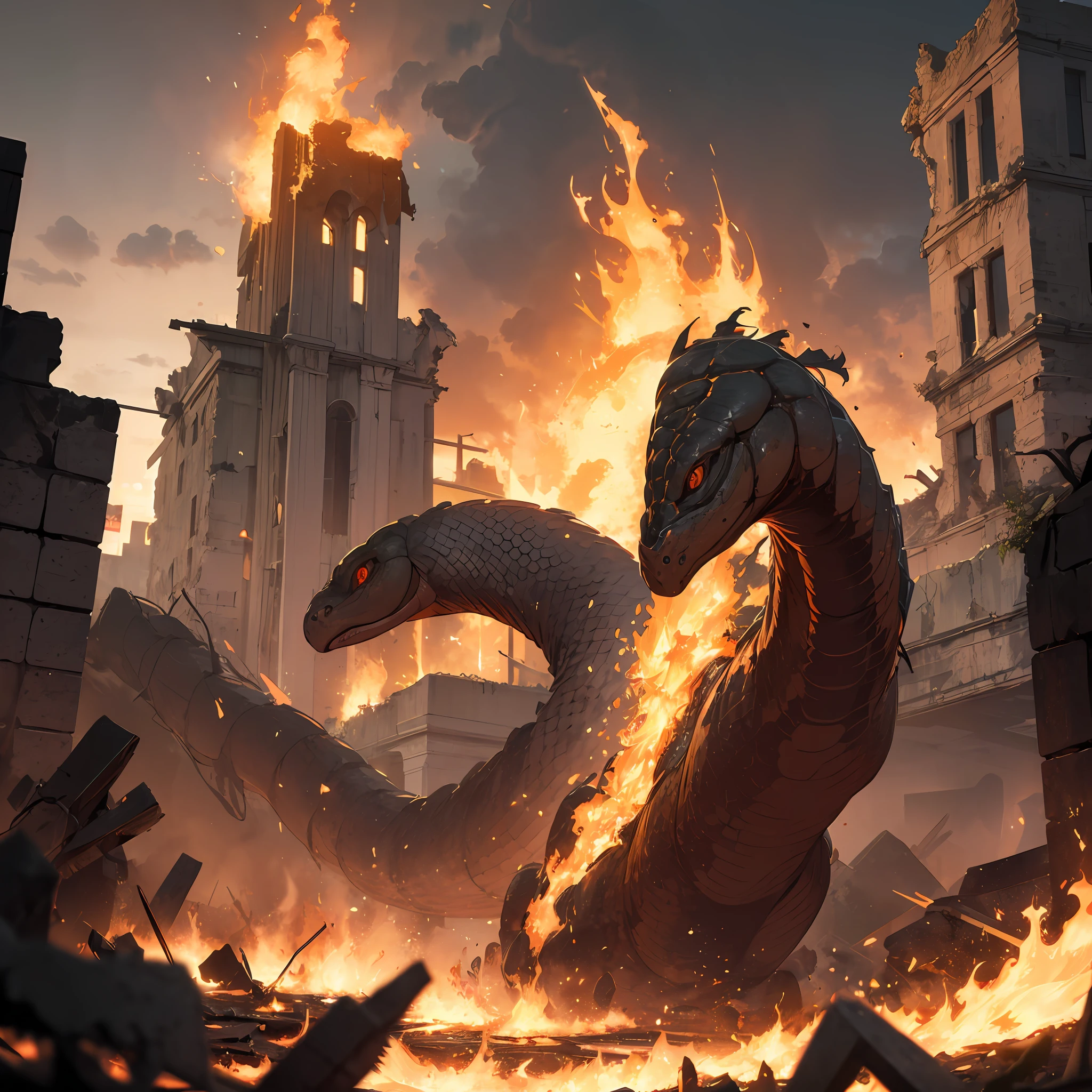 One, huge, terrifying, hideous python, full of flames, set against the background of the ruins of the night
