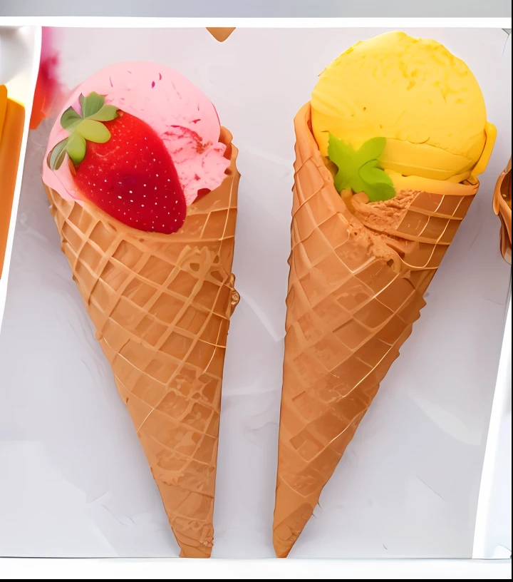 three different ice cream cones with strawberries and a strawberry, ice cream cones, ice cream on the side, ice cream cone, ice cream, mountains of ice cream, eating ice - cream, strawberry ice cream, eating ice cream, 🎀 🗡 🍓 🧚, cone shaped, illustration!, 4k polymer clay food photography, 🎀 🧟 🍓 🧚, sweets