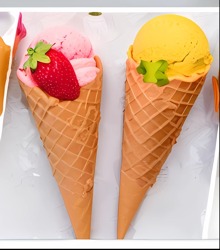 three different ice cream cones with strawberries and a strawberry, ice cream cones, ice cream on the side, ice cream cone, ice cream, mountains of ice cream, eating ice - cream, strawberry ice cream, eating ice cream, 🎀 🗡 🍓 🧚, cone shaped, illustration!, 4k polymer clay food photography, 🎀 🧟 🍓 🧚, sweets