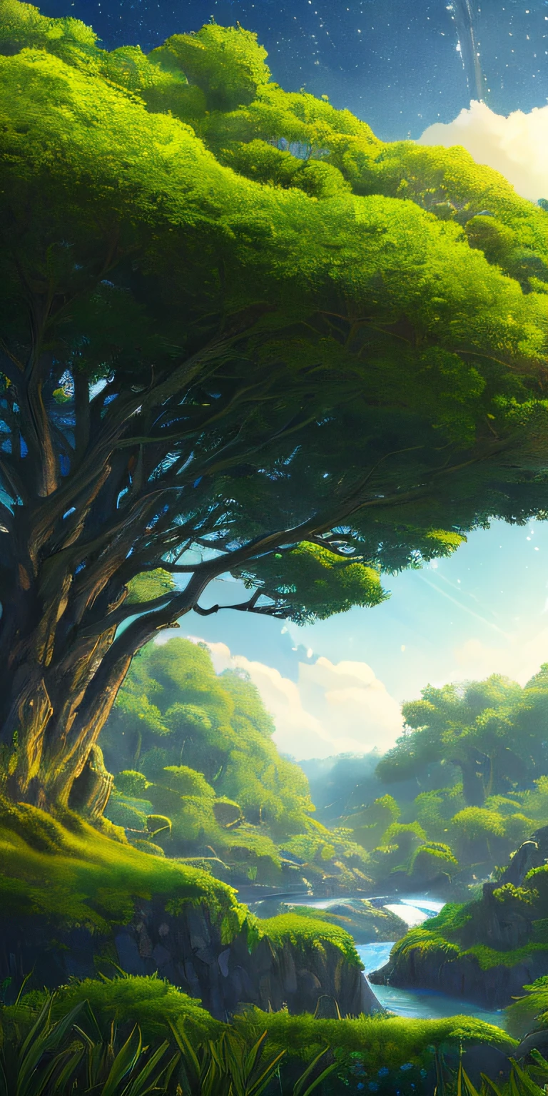 Illustration of a surreal, otherworldly, hyper sky scene including a giant crystal tree full body, highly detailed and magical lighting, intricate forest details, vegetation and surrounding river, solar punk, landscape, giant tree , beautiful green leaves, beautiful lighting and realistic proportions, as if this is a movie background, 8k, highest quality, masterpiece, clouds and stars in the sky.