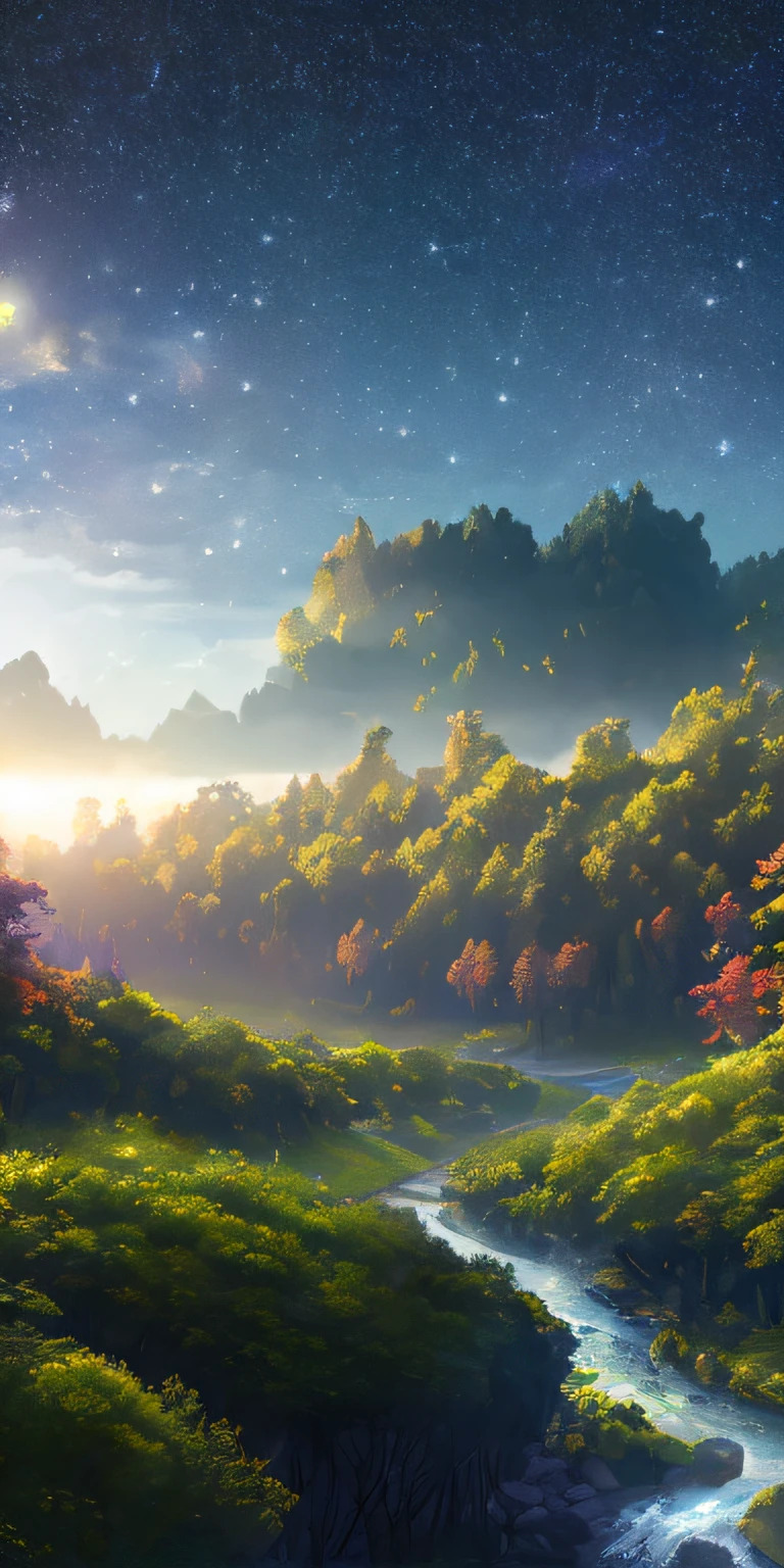 Illustration of a surreal, otherworldly, hyper sky scene including a giant crystal tree full body, highly detailed and magical lighting, intricate forest details, vegetation and surrounding river, solar punk, landscape, giant tree , beautiful green leaves, beautiful lighting and realistic proportions, as if this is a movie background, 8k, highest quality, masterpiece, clouds and stars in the sky.