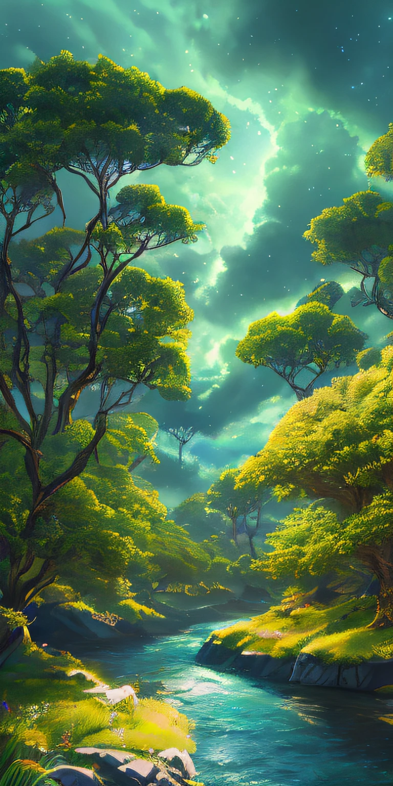 Illustration of a surreal, otherworldly, hyper sky scene including a giant crystal tree full body, highly detailed and magical lighting, intricate forest details, vegetation and surrounding river, solar punk, landscape, giant tree , beautiful green leaves, beautiful lighting and realistic proportions, as if this is a movie background, 8k, highest quality, masterpiece, clouds and stars in the sky.