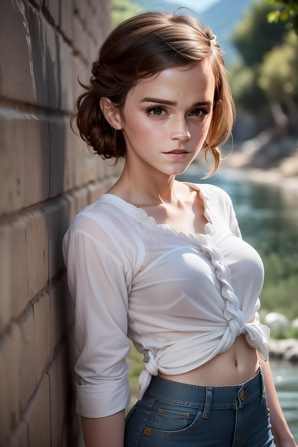 (((Emma Watson))), (a very tall slender woman wanders up the wall by a mountain river), (round breasts), (big eyes), ((small head)), (((She wears a crop white knotted shirt))), (((she wears a short denim skirt))), (photorealistic), (ray tracing), (cinema lighting), (sharp focus), (detailed face), natural and realistic skin textures, soft face, whole body