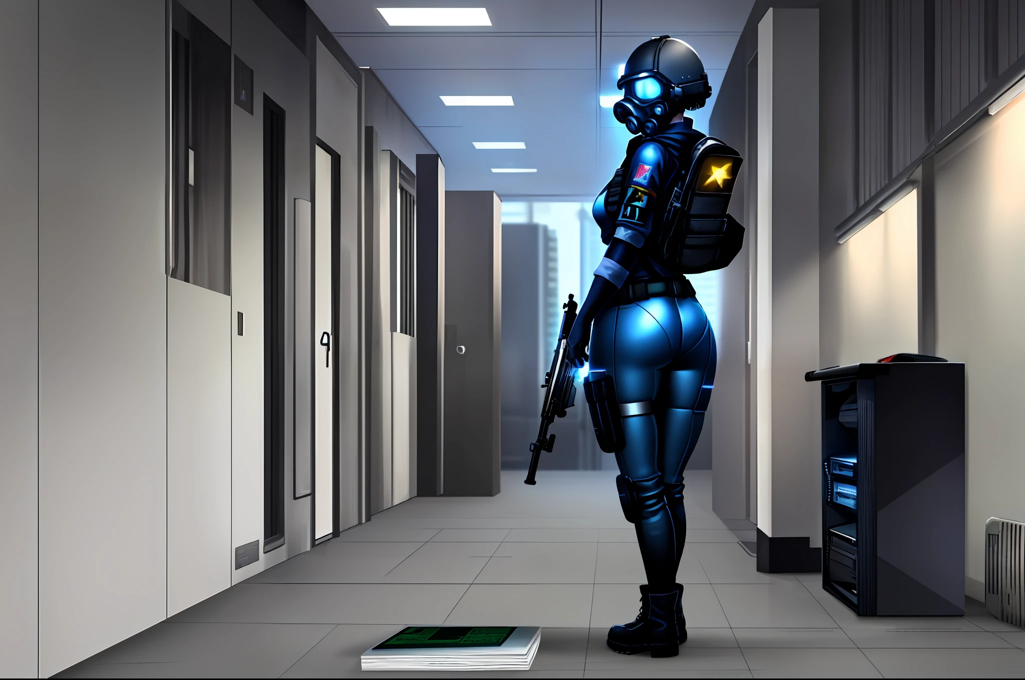 solo, wide hips, ass, small breasts, curvy, thick thighs, techwear, tight clothes, tactical gear, holding weapon, blue camo, 1girl, (blue eyes), glowing eyes, military uniform, smg, submachine gun, assault rifle, pistol, pistol holster, bulletproof vest, shoulder armor, vest collar, belt, grenade belt, tool belt, chest rig, gas mask, military, cyberpunk, ghost in the shell, night, stars, moon, tower, skyscraper, city, sci fi, dystopia, tablet, helmet, combine soldier, pouches, gloves, combat boots, radio, street, garbage on street, armband, science fiction, indoors, office, office cubicle, aiming weapon, city night, billboards, corporate, paper pile, computers, laptop, keyboard, cubicle, windows, dark room, mood lighting, (full body:1.3), (extremely detailed CG unity 8k wallpaper),(masterpiece), (best quality), (ultra-detailed), (best illustration),(best shadow),  8k, super detail, ccurate, best quality, UHD