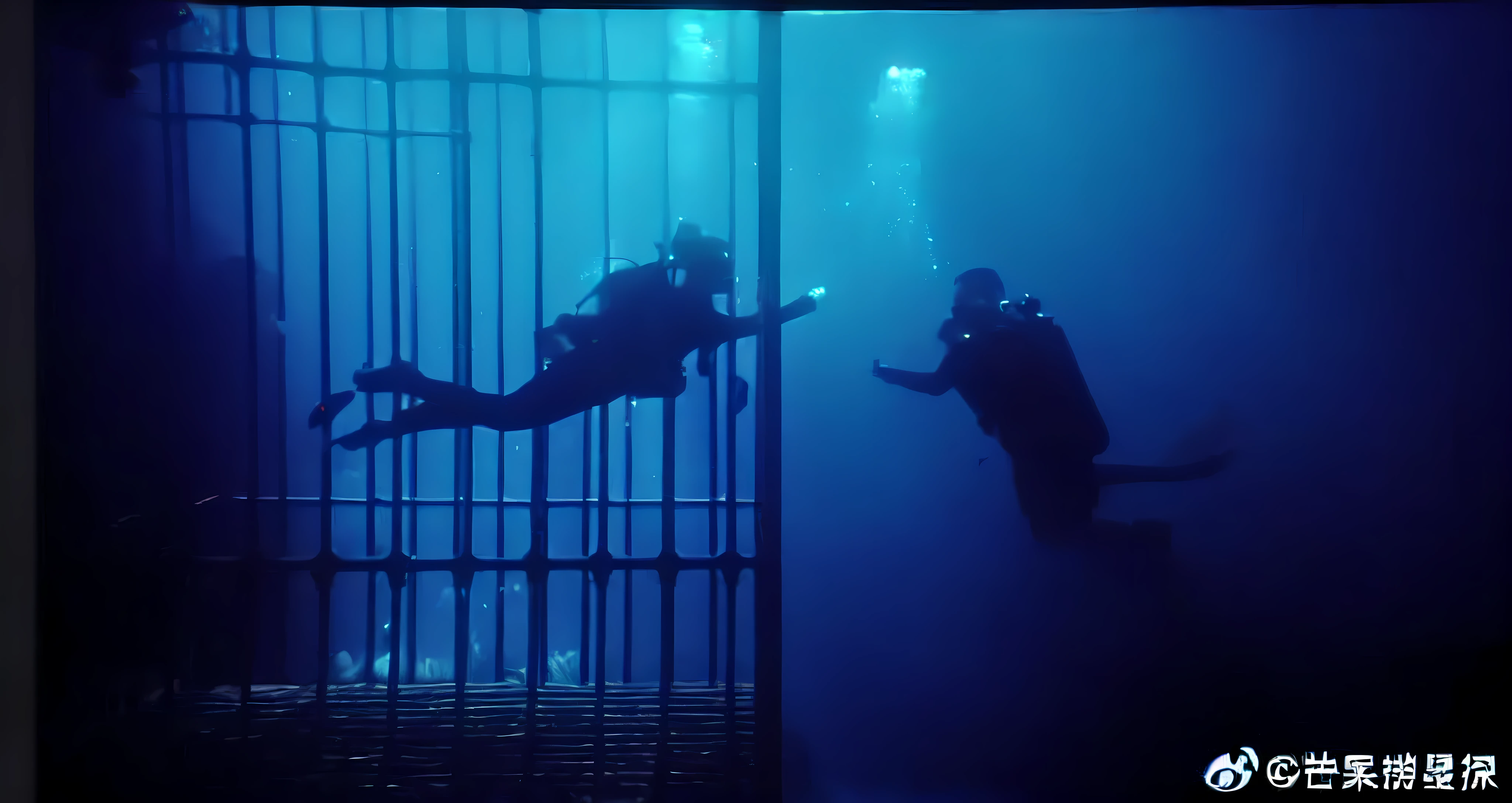 There are two people underwater, blue dim, there is a beam of light downward, one person waving outward in the cage, complete cage, two people carrying oxygen cylinders, one person outside the cage, character silhouette, submerged, dance scene, in underwater horror scene, upward bubble (precise), human hiding underwater, suspended underwater, underwater drama, underwater scene, sea phobia, video stills, 4K, movie quality