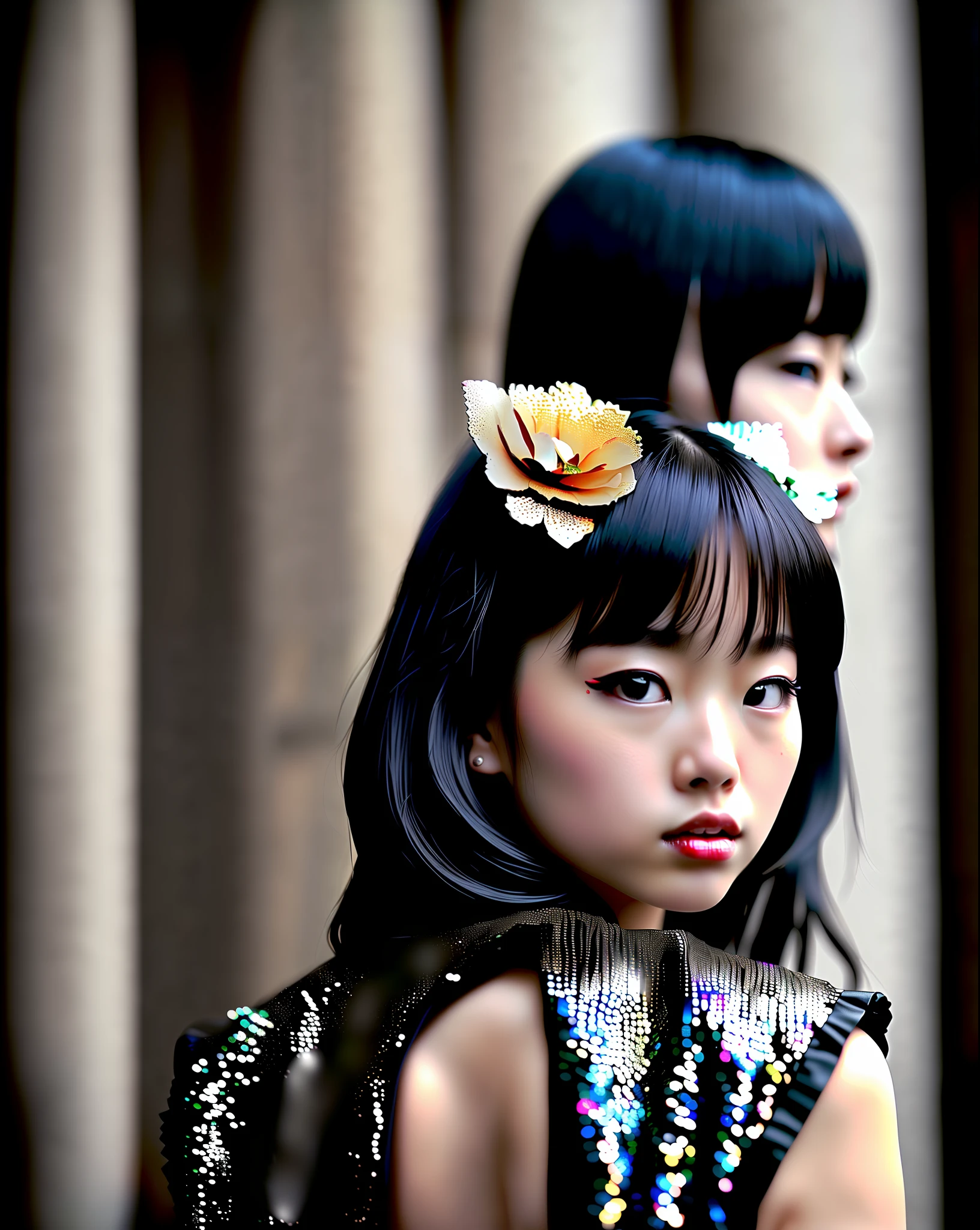 RAW photo, hyper real photo of Japanese yuimetal girl with twin hair in black dress with iridescent sequined outfit shining in the reflections of light, futuristic gothic style, black lether and steel studs, a music album cover, space galaxy in the background, metal rock music concert, heavy metal style, PIXIV competition winner, precisionism, official art, high resolution, UHD image, best quality masterpiece, photorealistic, detailed, 8k, HDR, shallow depth of field, wide light, high contrast, dark background with ancient temple, ancient stone statues of the fox god, backlight, bloom, light flashes, chromatic aberration, sharp focus, RAW color photo, film frame, film-like, bokeh, 3d, cinematic lighting, 8k resolution, Nikon 85mm, award-winning, glamour photography, extremely detailed, high quality, film grain, medieval dress