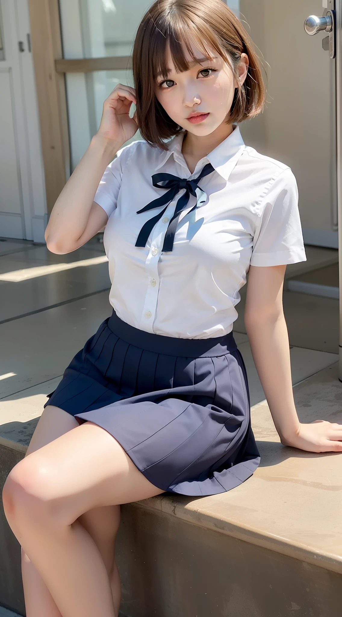 Japan girl, 18-year-old girl, short hair, blonde, bangs, brown eyes, perfect figure, transparency, luster, luster, modest breasts, school uniform, navy blue ribbon, light blue shirt, navy blue skirt, gravure idol, beautiful legs, strong sunlight,