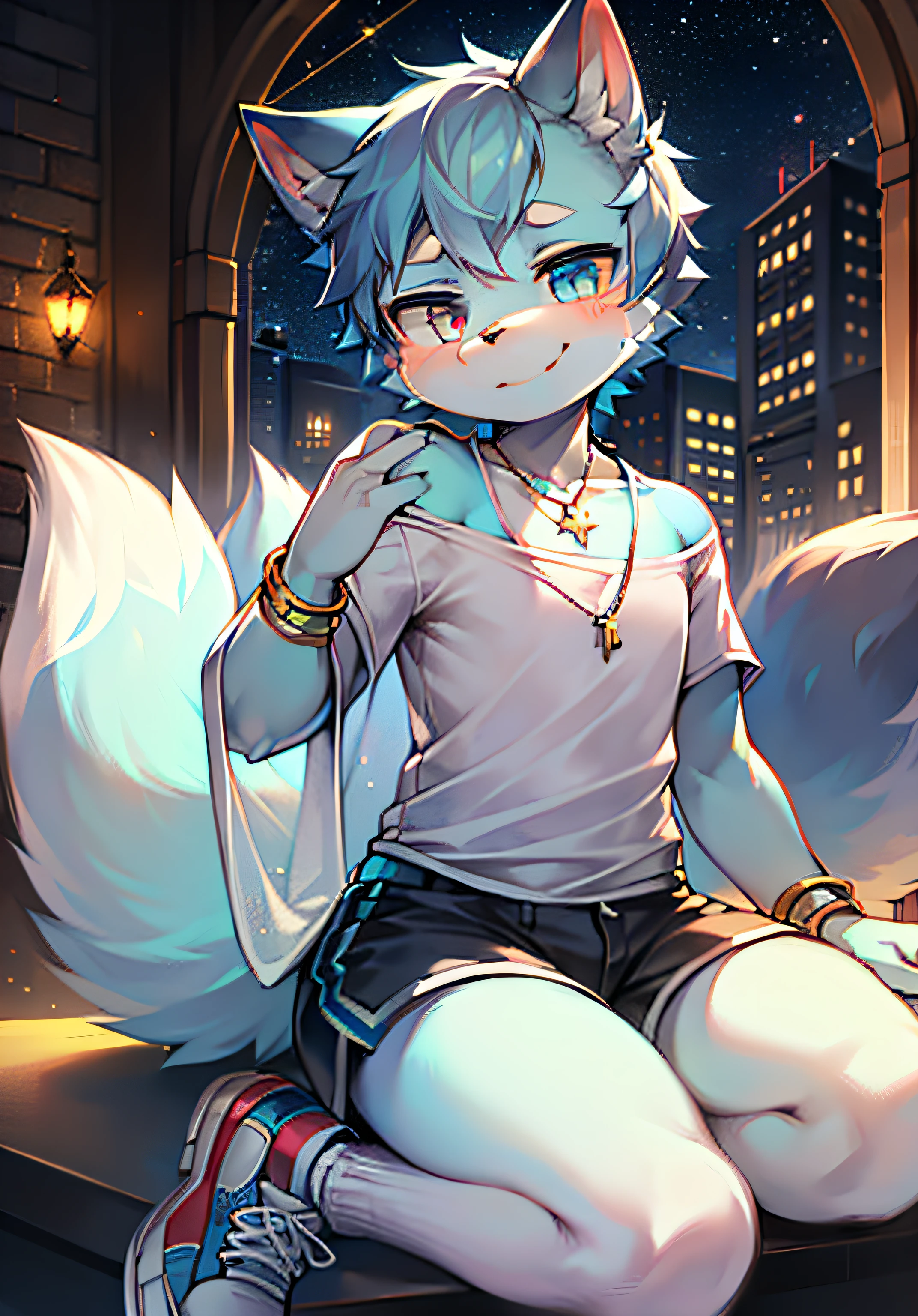 Inside the Ferris wheel, city, night, starry sky, single, orc Shota, light blue hair everywhere, light blue fur everywhere, super cute face, light blue cat ears, light blue short hair, silver necklace, heterochromatic pupil, left pupil gold, right pupil sky blue, band-aid on the bridge of the nose, squint, smile, translucent shawl with powder blue gradient, white T-shirt, collarbone, woven bracelet, band-aid on the jaw, shorts, large and fluffy fox tail, three tails, white socks, sky blue low-state sneakers, 3D, bokeh background, Look at the viewer, look down