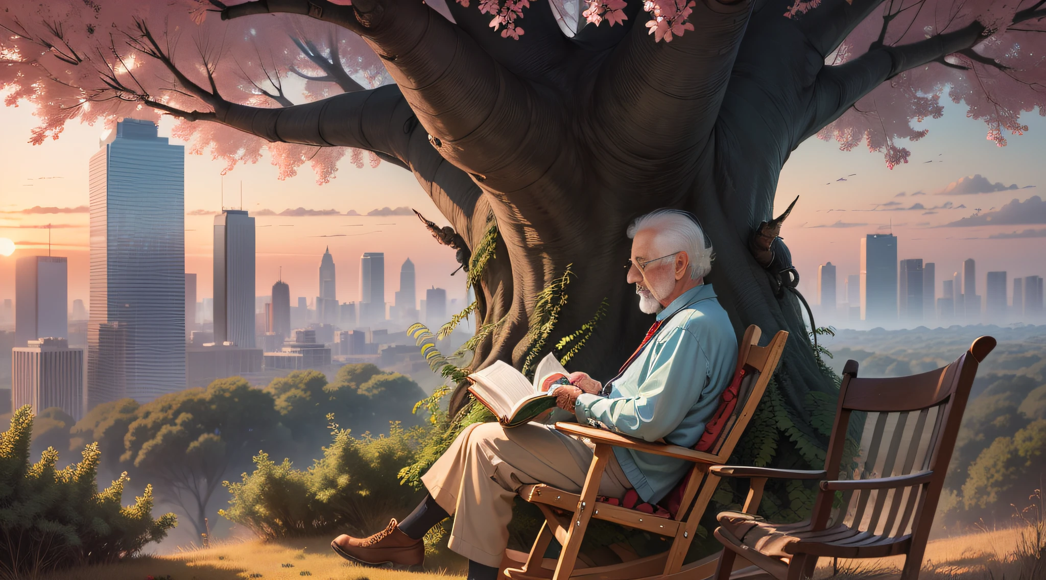 An old man under a big locust tree, sitting in a rocking chair reading a book, the sunset sprinkled the earth, the distant view
