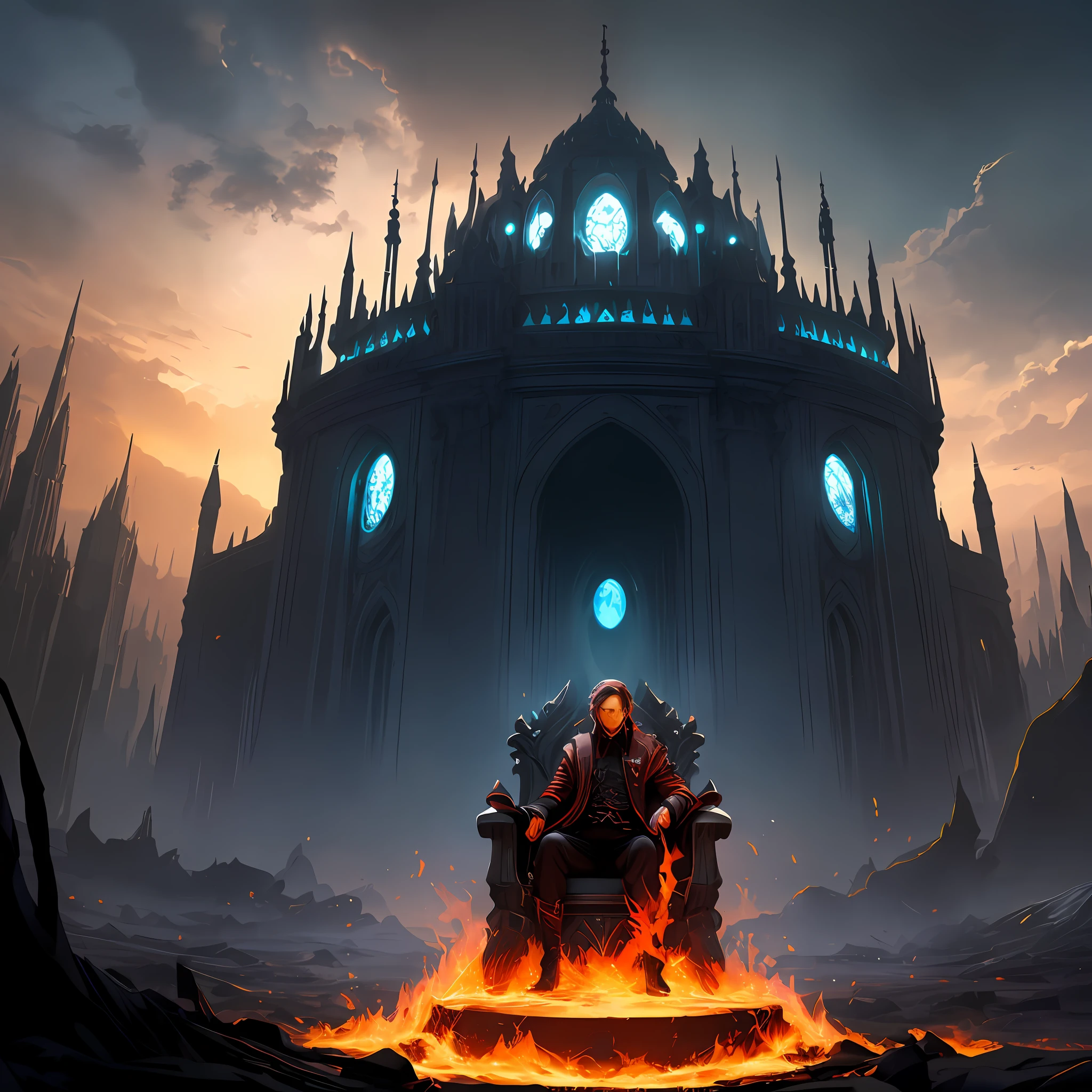 Has a handsome face, a solemn expression, a delicate face, handsome, proud, focused on the task, uninhibited smile, sitting on a pitch-black throne, photos, portraits, gods floating on fire [the discovery of the wormhole leads to the new world|the cursed prince must marry the void], [sci-fi: fantasy: 0.6] movie lighting, detailed background, centered, Michael Bay style, crazy detail, HD, concept art, digital art, full of energy, (The most beautiful art in the world: 1.2), (V0id3nergy: 1.3) --auto