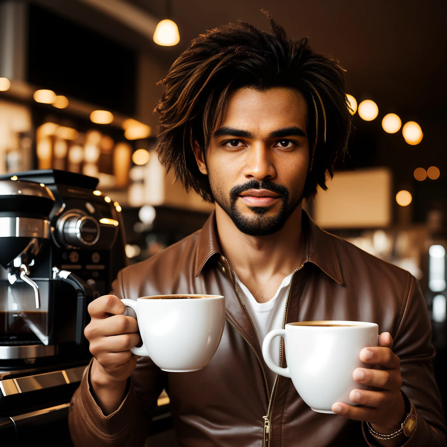 A bold and charismatic Man Holding cup of coffee with a strong and confident presence, black skin, a slightly tousled manner hair, a vibrant and intense gaze eyes, stylish and casual outfit he colors in his attire could include rich browns and deep earth tones, he would exude an aura of passion and zest, capturing the essence of the coffee-drinking experience, Coffee background, handsome man, nikon d850 film stock photograph 4 kodak portra 400 camera f1.6 lens rich colors hyper realistic lifelike texture dramatic lighting unreal engine trending on artstation cinestill 800,8k,cinematic,cinematic shot, Medium shot