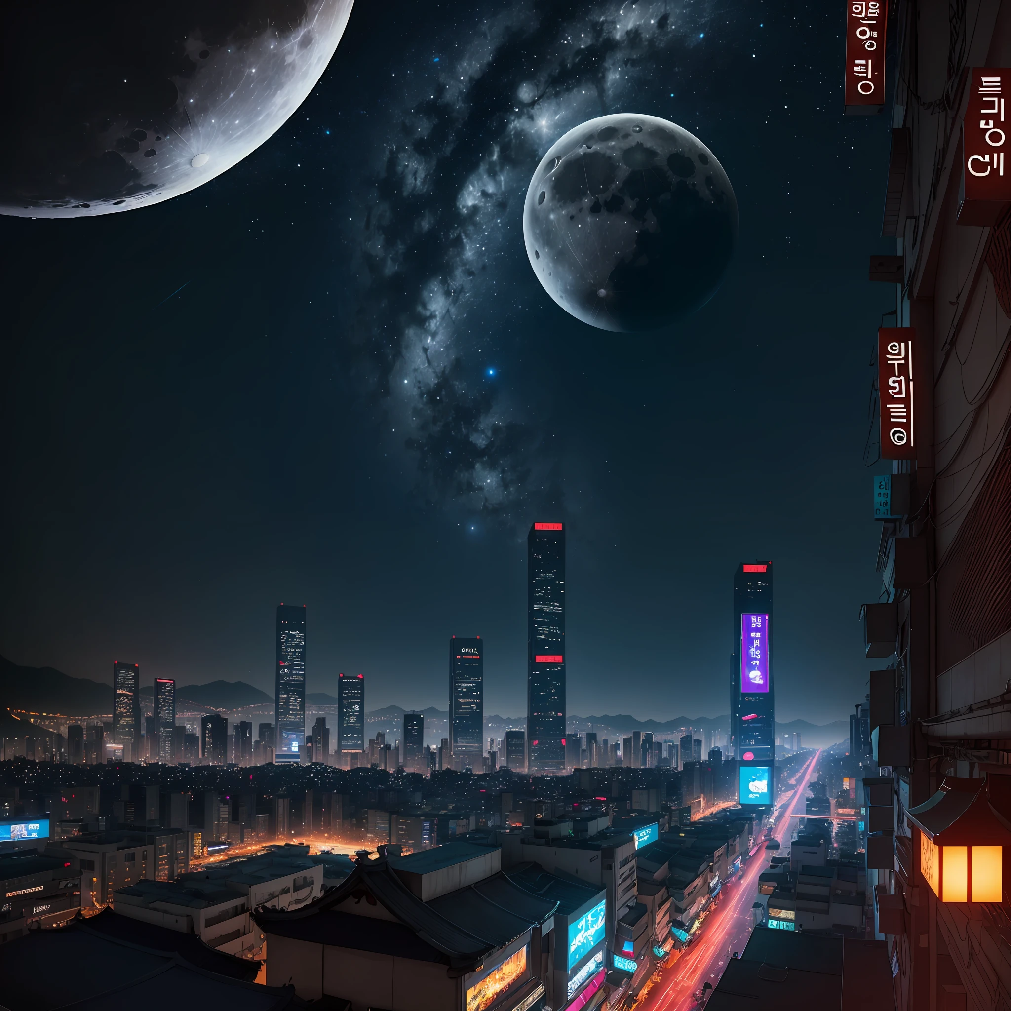 Moon in Seoul sky, cyberpunk city of science fiction movie, sky full of stars, Korean, Korean light signs, intricate, hyper-detailed, realistic, ultra-realistic, high quality, ultra detail, crazy detail, photographic realism, 8k, --auto