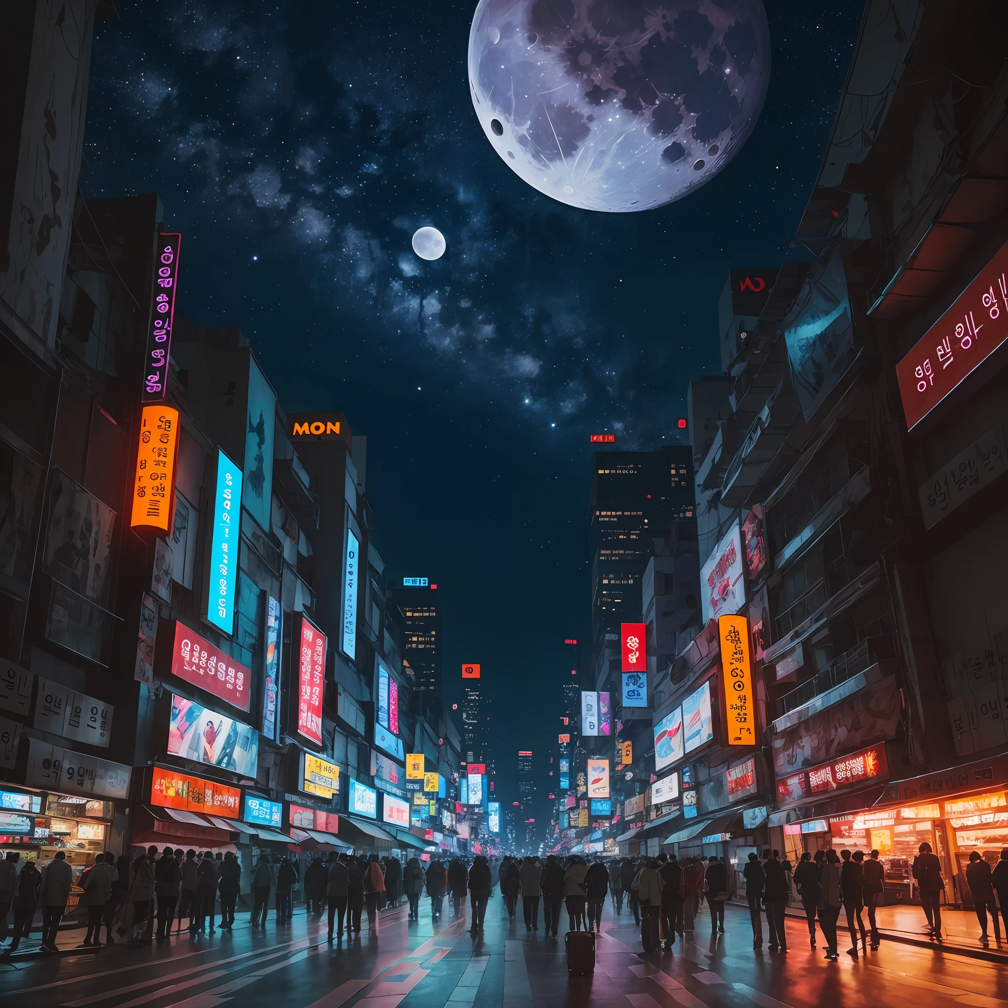 Moon in Seoul sky, cyberpunk city of science fiction movie, sky full of stars, Korean, Korean light signs, intricate, hyper-detailed, realistic, ultra-realistic, high quality, ultra detail, crazy detail, photographic realism, 8k, --auto