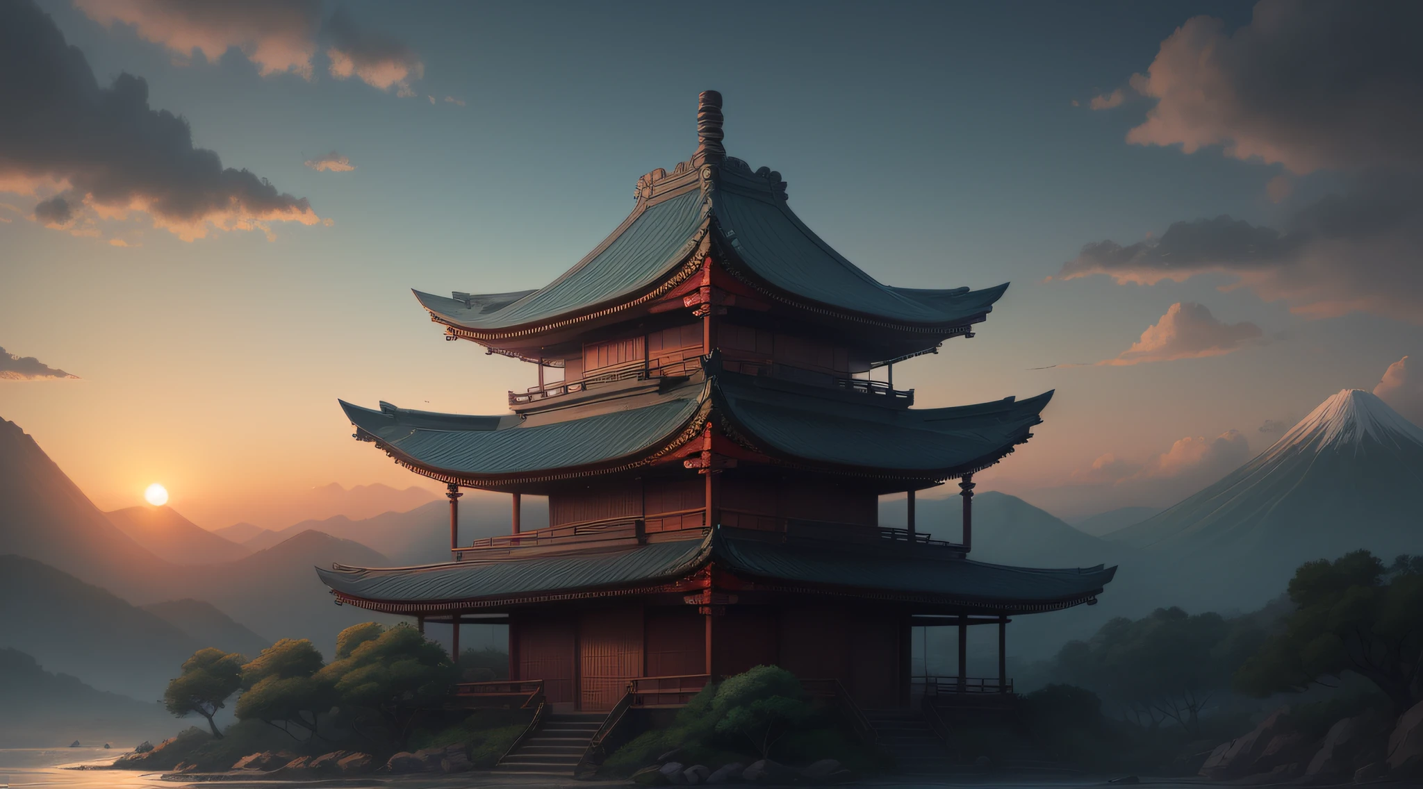 Make me a landscape of a Japanese temple, with a sunset, with blue tones, creativity, masterpiece, high quality
