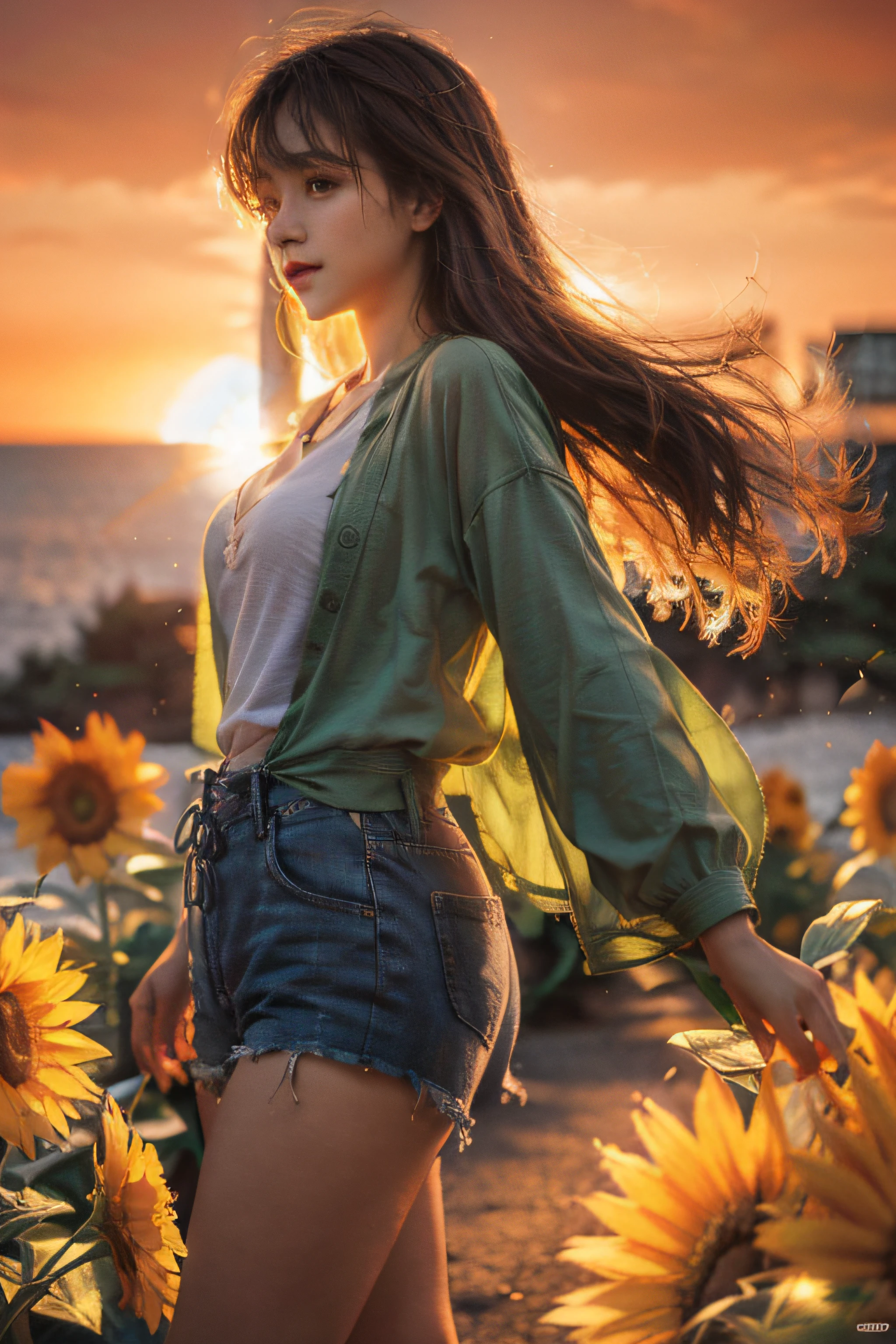 Side view, a girl in a vast sunflower plantation, wearing a green shirt and a thin cardigan, looks cheerful and happy, and at sunset, there is golden sunlight penetrating between her hair and drifting in the wind. (Masterpiece, Realistic, Best Quality): 1.4, Exquisite Photos, Intricate Details, Ray Tracing, High Resolution CG, Ultra Detail, 8k Wallpaper, Unity, Art Station, DSLR, High Resolution Photography, Best Shadows, Cinematic Light, Full Body Shot, Good Fingers, Big Eyes,