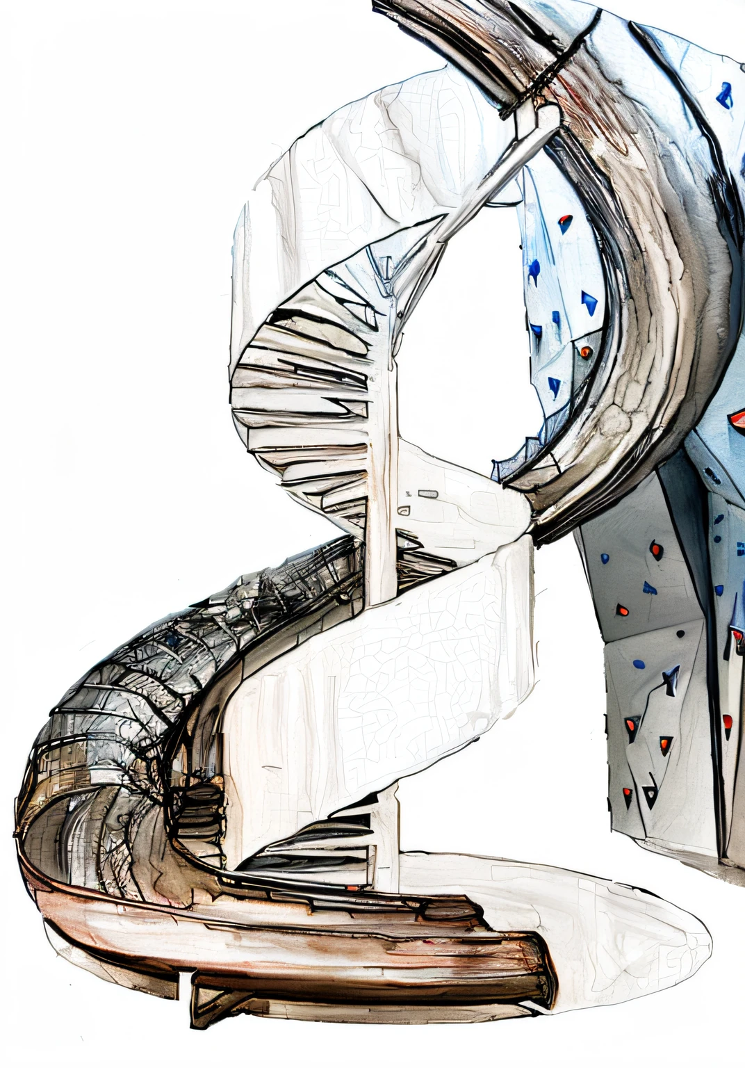 Watercolor, hand-drawn drawing, there is a drawing of a spiral staircase going up the hill, spiral staircase, spiral staircase, spiral, long winding staircase descending, decadent spiral staircase, staircase, staircase, penrose staircase, spiral ascending, staircase, staircase, whirlpool building, impossible staircase, 1 staircase, height rendering, gorgeous spiral staircase, staircase --auto