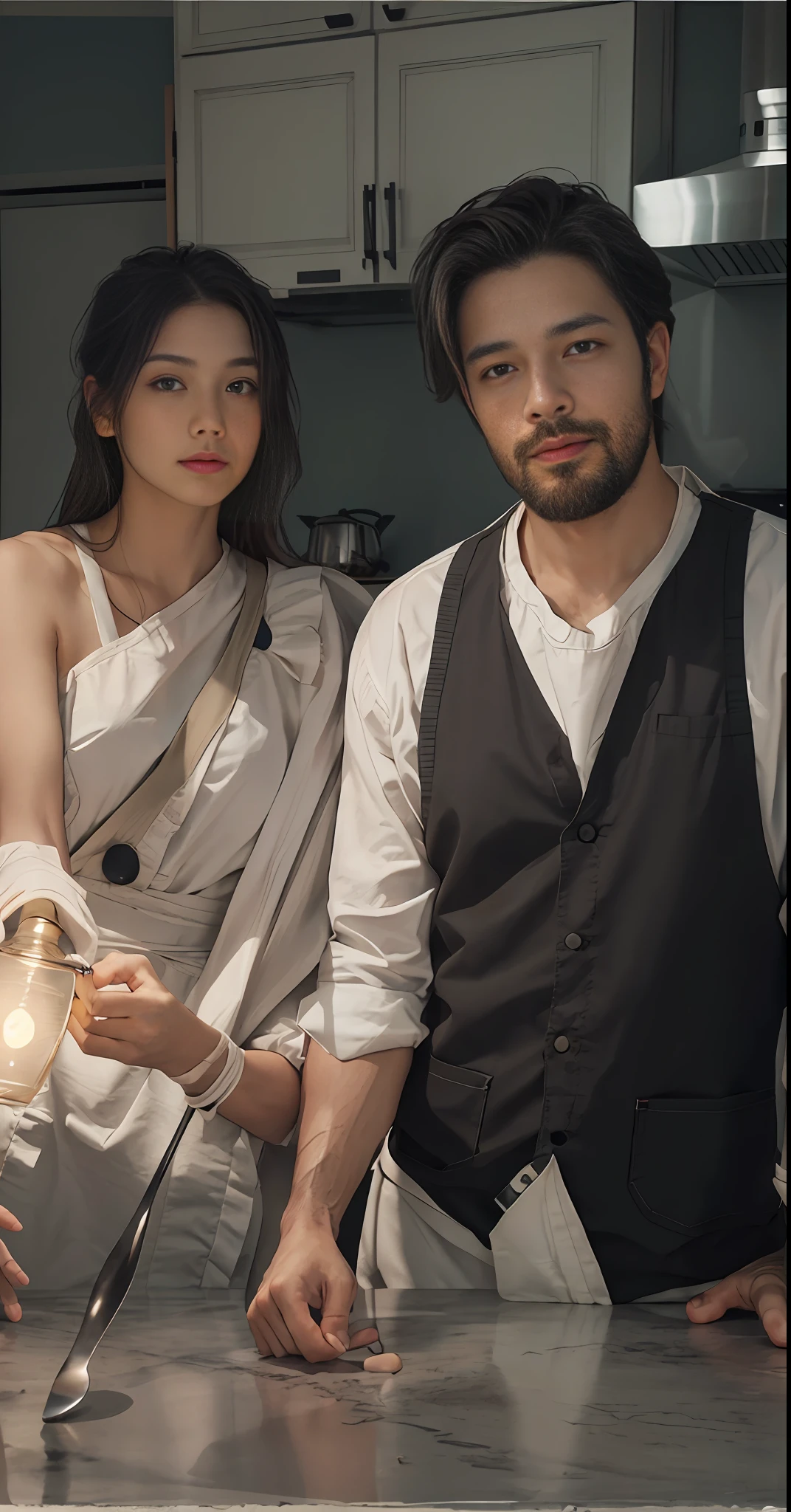 {{{Masterpiece}}}, {{Best Quality}}}}, {{Super Detail}}, {{Very Delicate and Beautiful}},(Photorealistic Photography), (Ultra High Definition), (8k,RAW Photos), 1 MATURE COPIES, 35 years old, Full body, Kitchen, Apron, Cooking,(Fair Skin:1.2), (Ultra detailed background, Detailed background), , Front light, Glowing skin,