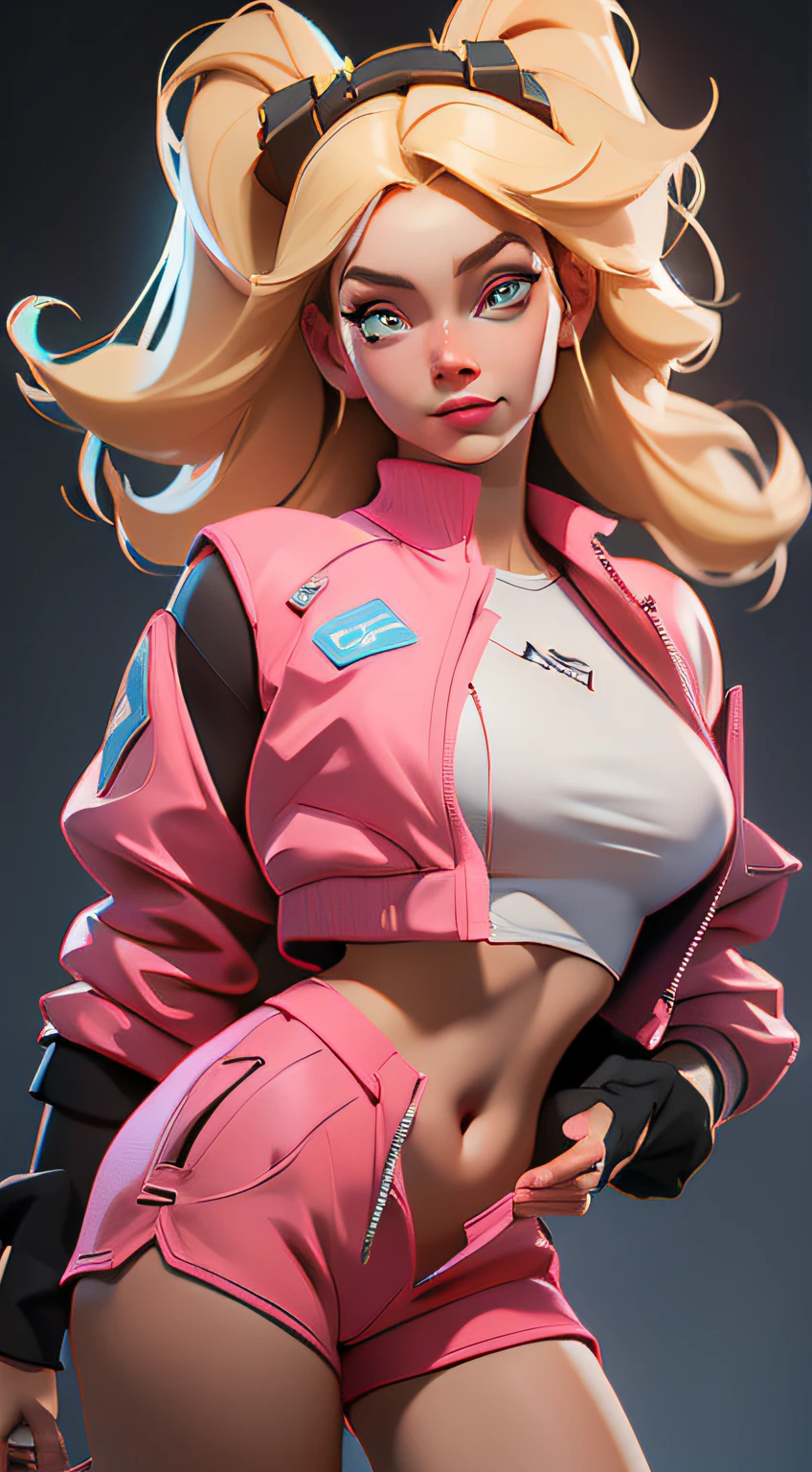 blond haired woman in pink jacket and shorts posing for a picture, wojtek fus, ross tran 8 k, ross tran style, alexandra fomina artstation, trending on cgstation, 3 d render character art 8 k, in the style of ross tran, cgsociety masterpiece, deviantart artstation cgscosiety, 🌺 cgsociety, trending on artstation hq