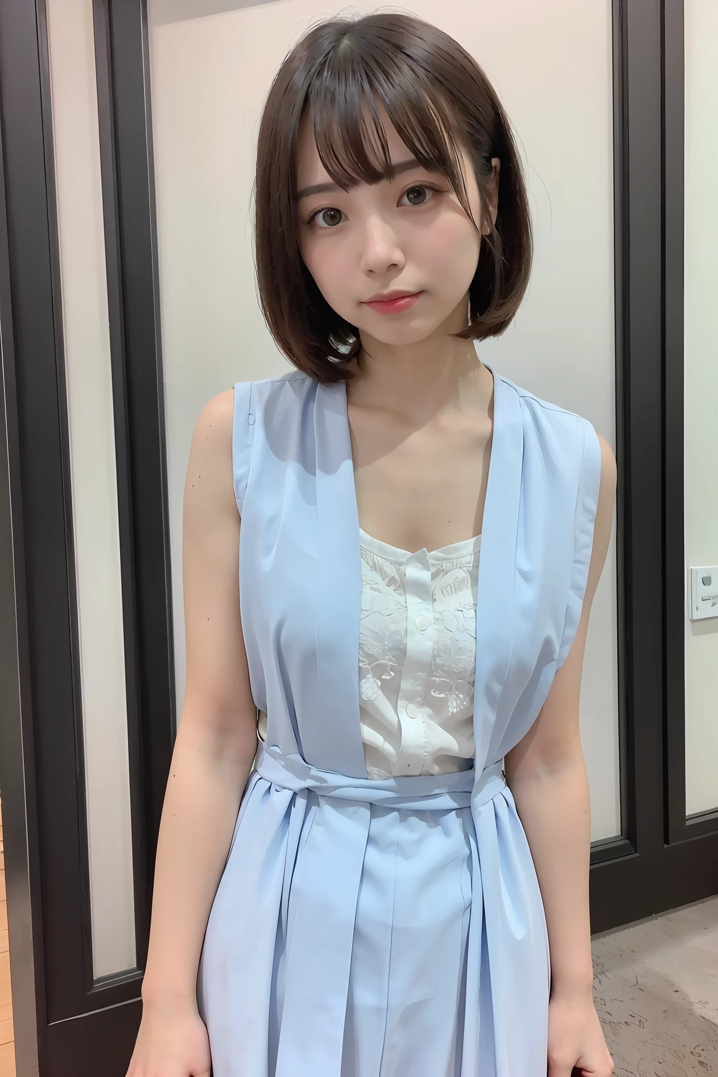 1 girl, (looking at the camera), (bokeh: 1.1), lips parted, expressionless, fatigued, realistic, hands on the waist, sleeveless kimono, skirt, bob cut, glossy lips, real,