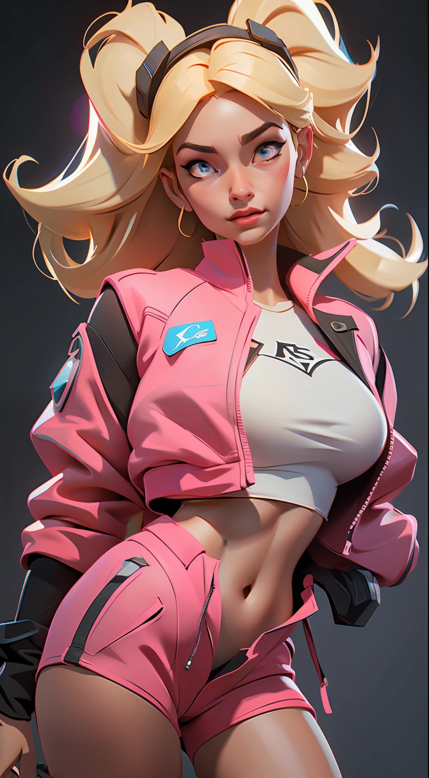 blond haired woman in pink jacket and shorts posing for a picture, wojtek fus, ross tran 8 k, ross tran style, alexandra fomina artstation, trending on cgstation, 3 d render character art 8 k, in the style of ross tran, cgsociety masterpiece, deviantart artstation cgscosiety, 🌺 cgsociety, trending on artstation hq