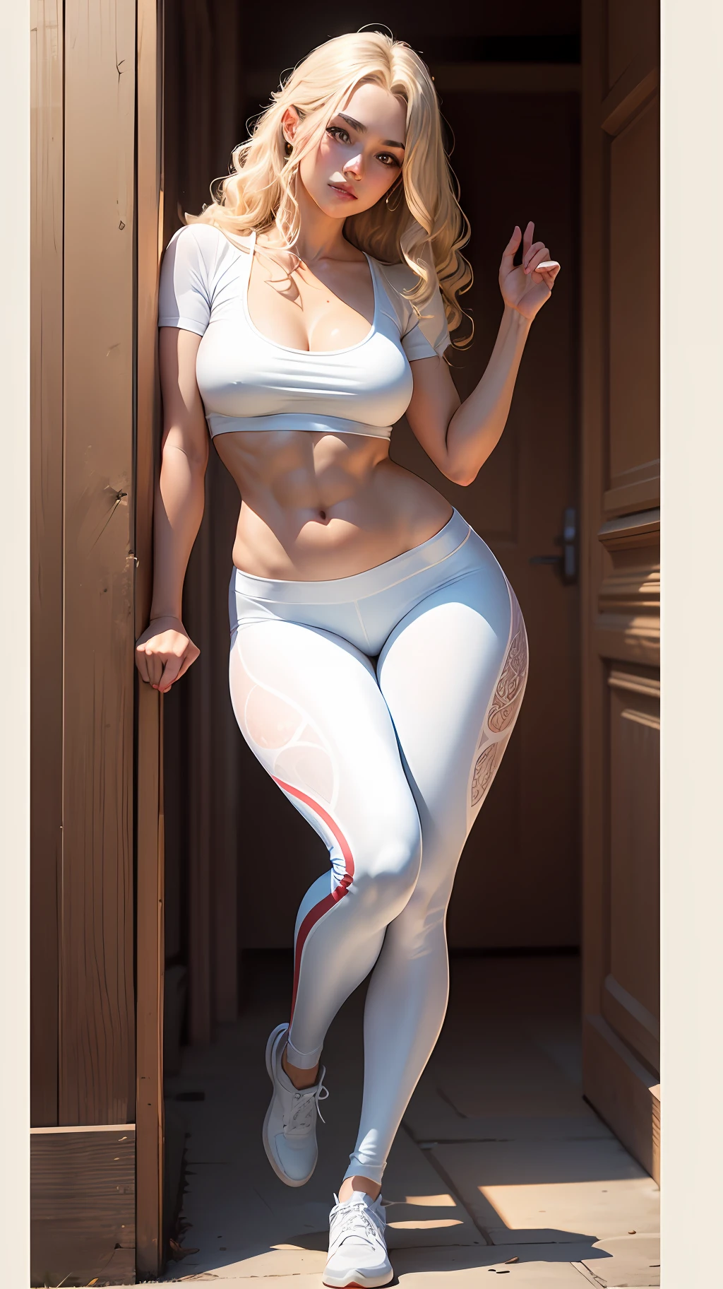 (hyper-realistic), (illustration), (high resolution), (8K), (extremely detailed), (best illustration), (beautiful detailed eyes), (best quality), (ultra-detailed), (masterpiece), (wallpaper), (detailed face), solo 1 blonde girl, white wavy hair, Korean, heterochromic eyes, small moles under the eyes, baggy white shirt, yoga pants, large breasts, long legs, tight abs, camel fingers, dynamic pose --auto