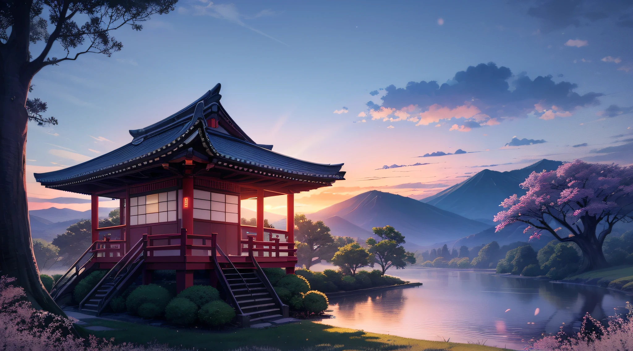 Make me a landscape of a Japanese temple, with a sunset, with blue tones, creativity, masterpiece, high quality