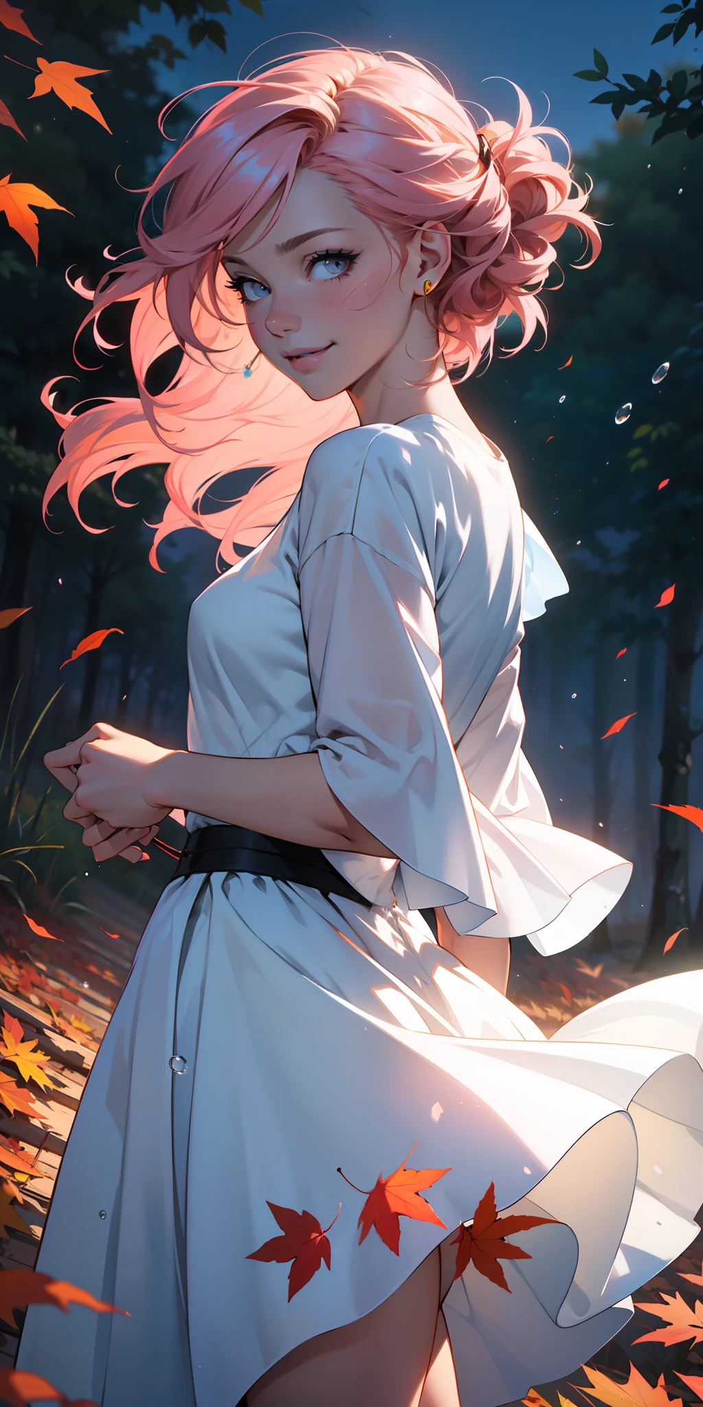 A picture of MSE A beautiful woman,The most beautiful girl by Agnes Cecile, cheerful expression, beautiful pink hair moved by the wind, autumn leaves in the air, dress moved by the wind,luminous design, pastel colors, ink drops, autumn lights,