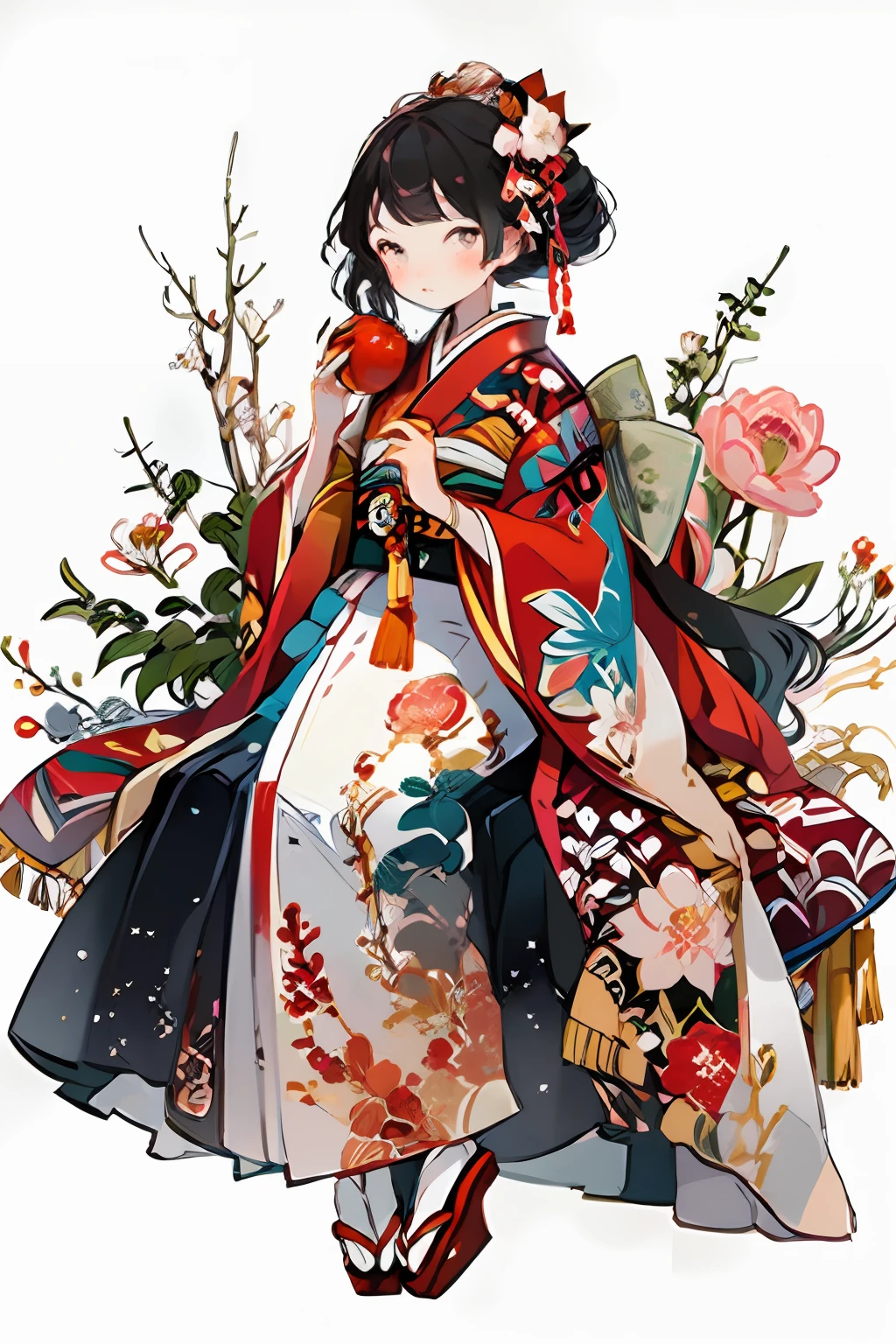 HD,1 girl, solo, fruit, japanese clothing, food, flower, kimono, hair accessory, apple, holding food, holding fruit, hair flower, red kimono, holding, floral print, black hair, blush, wide sleeves, sitting, brown eyes, belt, long sleeves, bangs, safflower, look to the side, bun, belt, single bun, look at the audience, print kimono, hands up, short hair