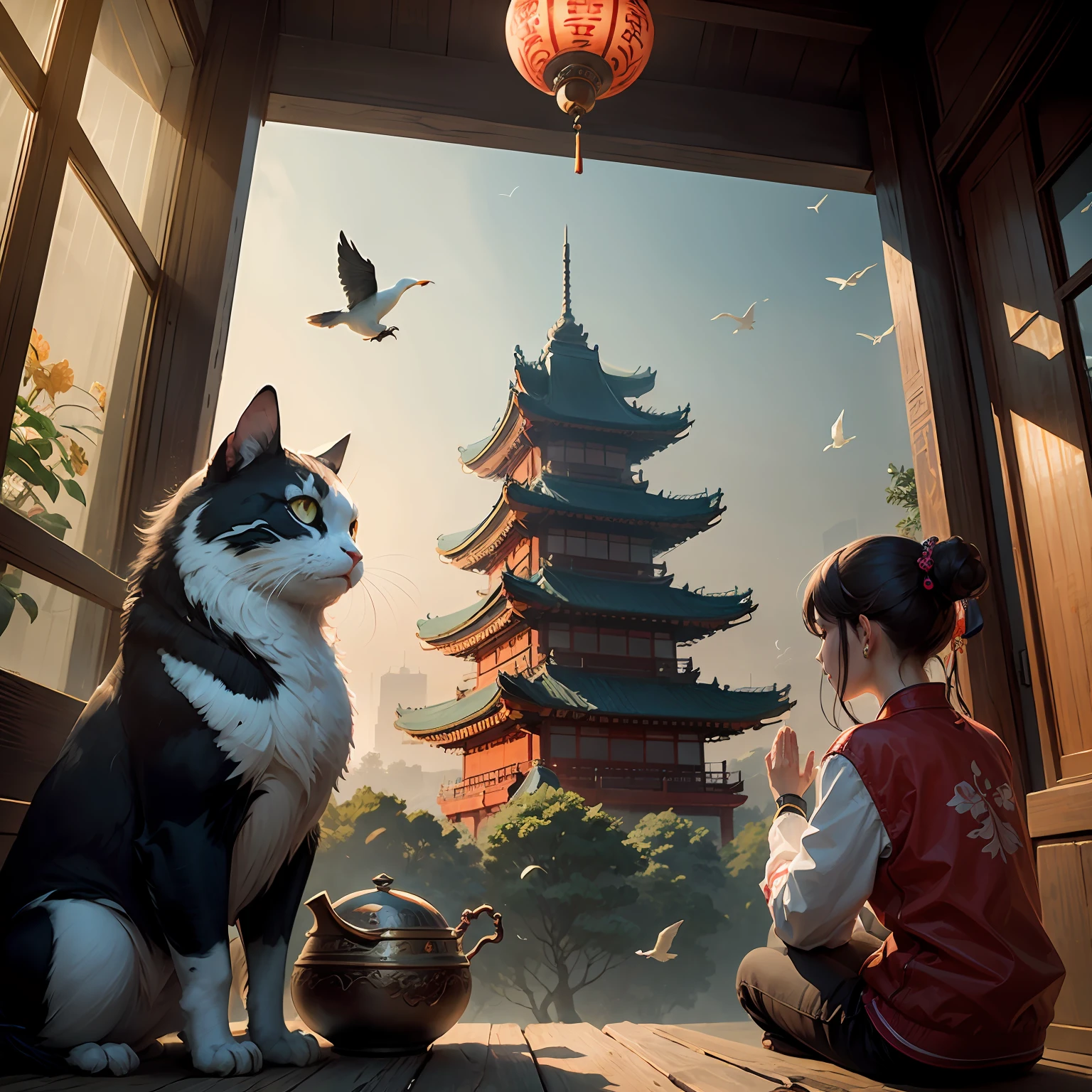 There are many birds flying around the pagoda in the blue sky, a maiden praying religiously, (Victo Ngai), by Zou Yigui, by Li Tiefu, Chinese watercolor painting style, big fish and begonia wind, Victo ngai. Unreal Engine, Cui Zizhong, ancient Chinese art style, Qu Leilei, inspired by Wei Victor, Cheng Jiasui, HD quality, 14K, indigo atmosphere --auto
