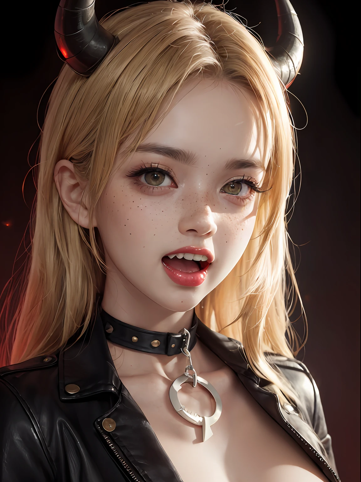 (insanely detailed, beautiful detailed face, masterpiece, best quality), blonde hair, ultra detailed beautiful eyes, very long hair, looking at the viewer, giant tits, busty, glowing eyes, freckles, (red infernal background), beautiful detailed glow, a lot of glow, dominant personality, hyper-realistic, perfect hand, 1-demon solo, (masterpiece, extremely_detailed_CG, 8k_wallpaper:1.2) backlight, shadow, chain leash, chained, wearing spiked collar, open leather jacket in the upper body, showing boobs, demonic multitude of lights and glows, focus on tits, nsfw, naked, freckles, yellow eyes, drooling, yellow eyes, sharp teeth, open mouth, red horns, tongue, licking, saliva, fangs, tongue out,
