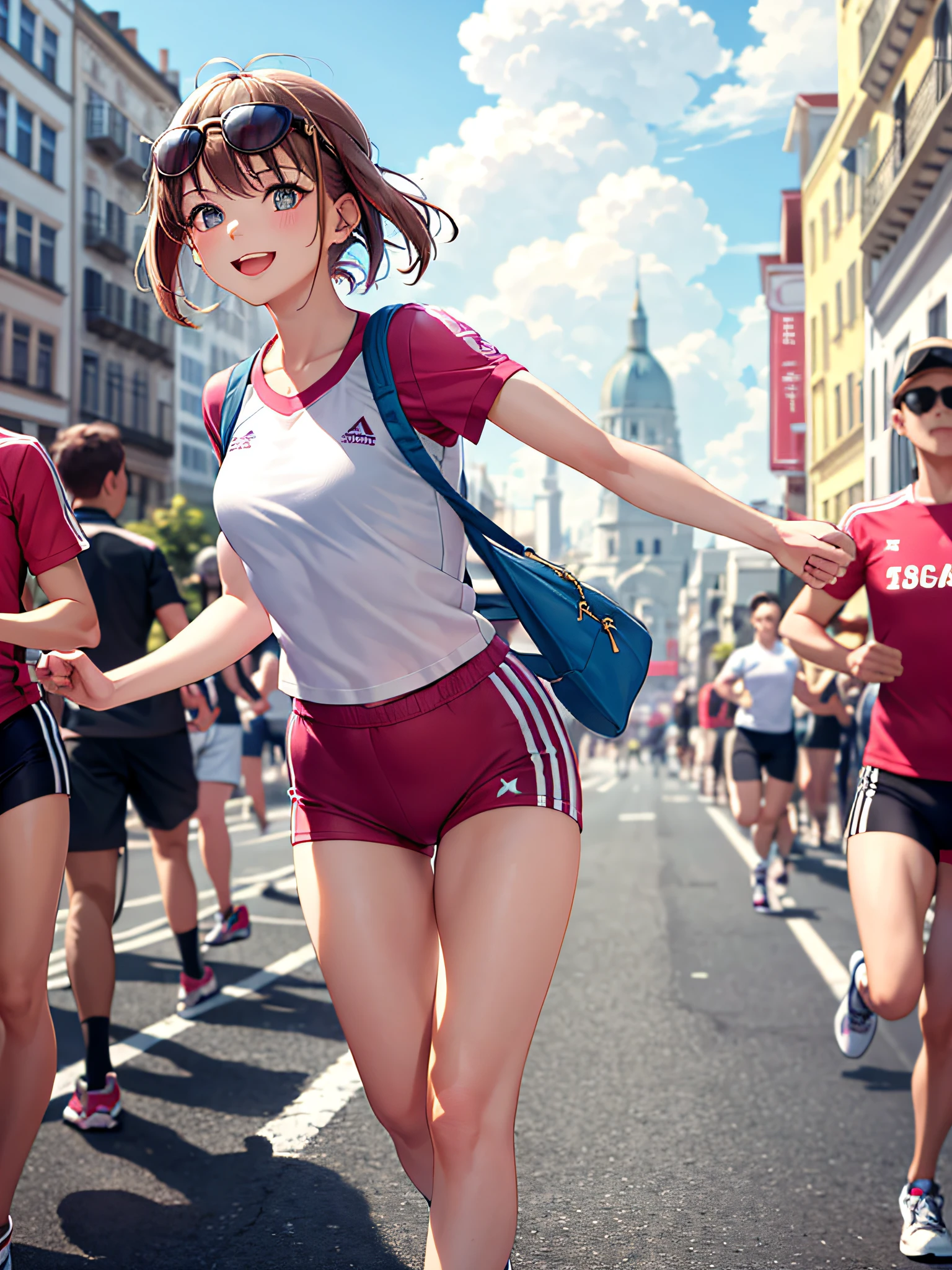 (Masterpiece, best quality, exquisite details), 1 girl, solo, background street, smile, cute, pink clothes, sportswear, wearing sunglasses, running, crowd onlooking, lively, exquisite, white clouds. Sunny, remember, take pictures