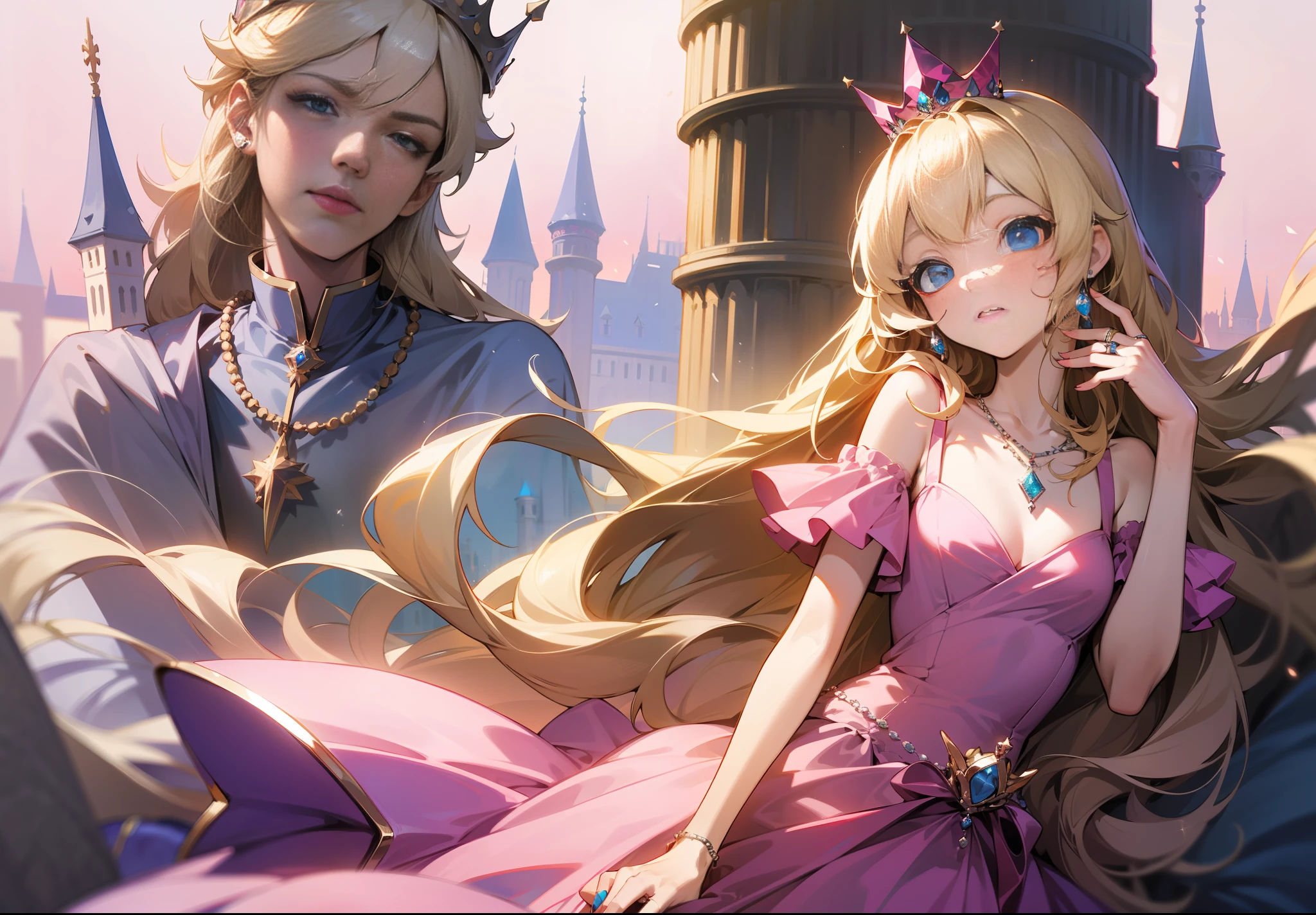 Blonde, long hair, pink princess dress, blue eyes, princess, crown, silver high heels, ring, necklace, small, castle background, European style, 4k