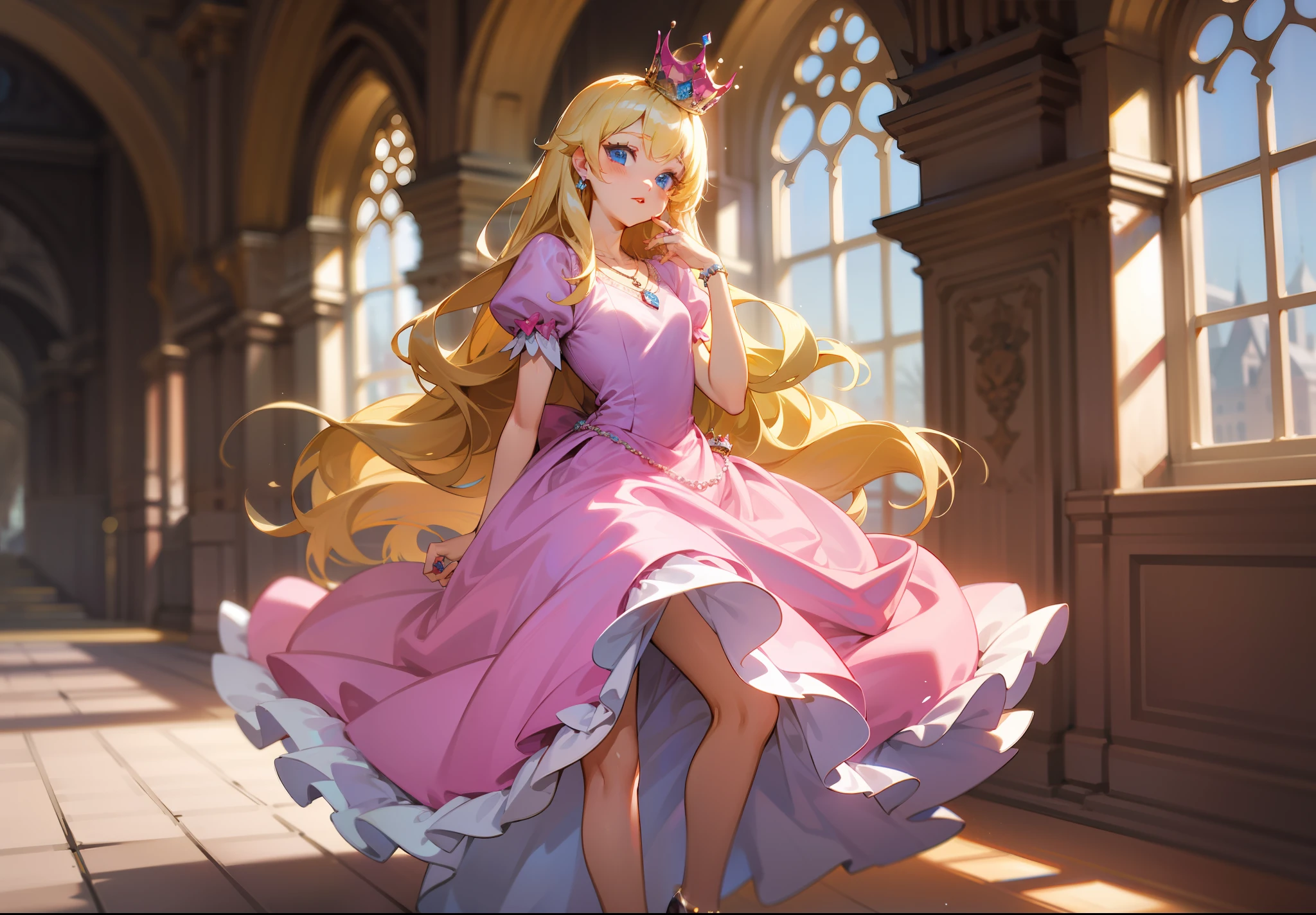 Blonde, long hair, pink princess dress, blue eyes, princess, crown, silver high heels, ring, necklace, small, castle background, European style, 4k