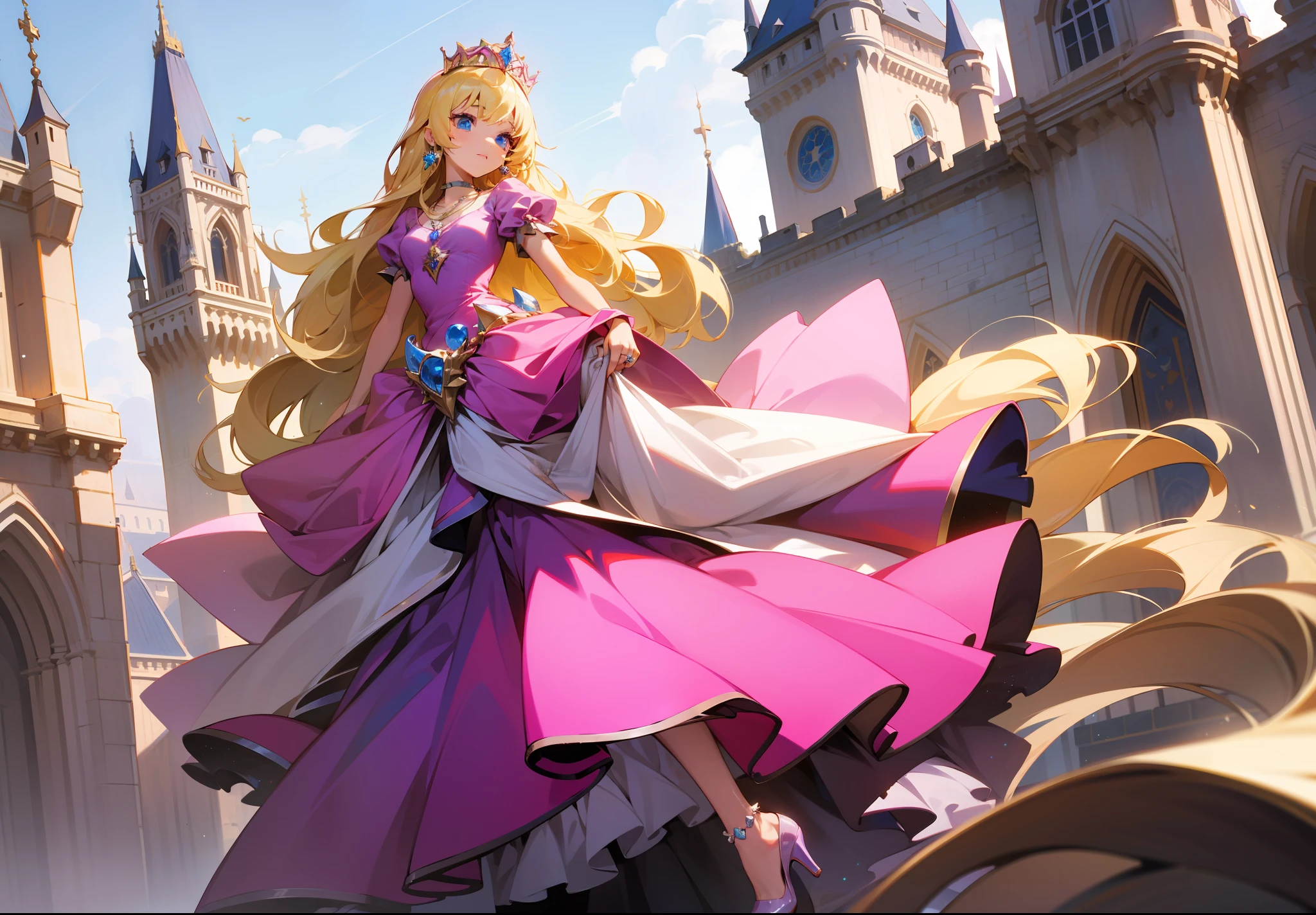 Blonde, long hair, pink princess dress, blue eyes, princess, crown, silver high heels, ring, necklace, small, castle background, European style, 4k