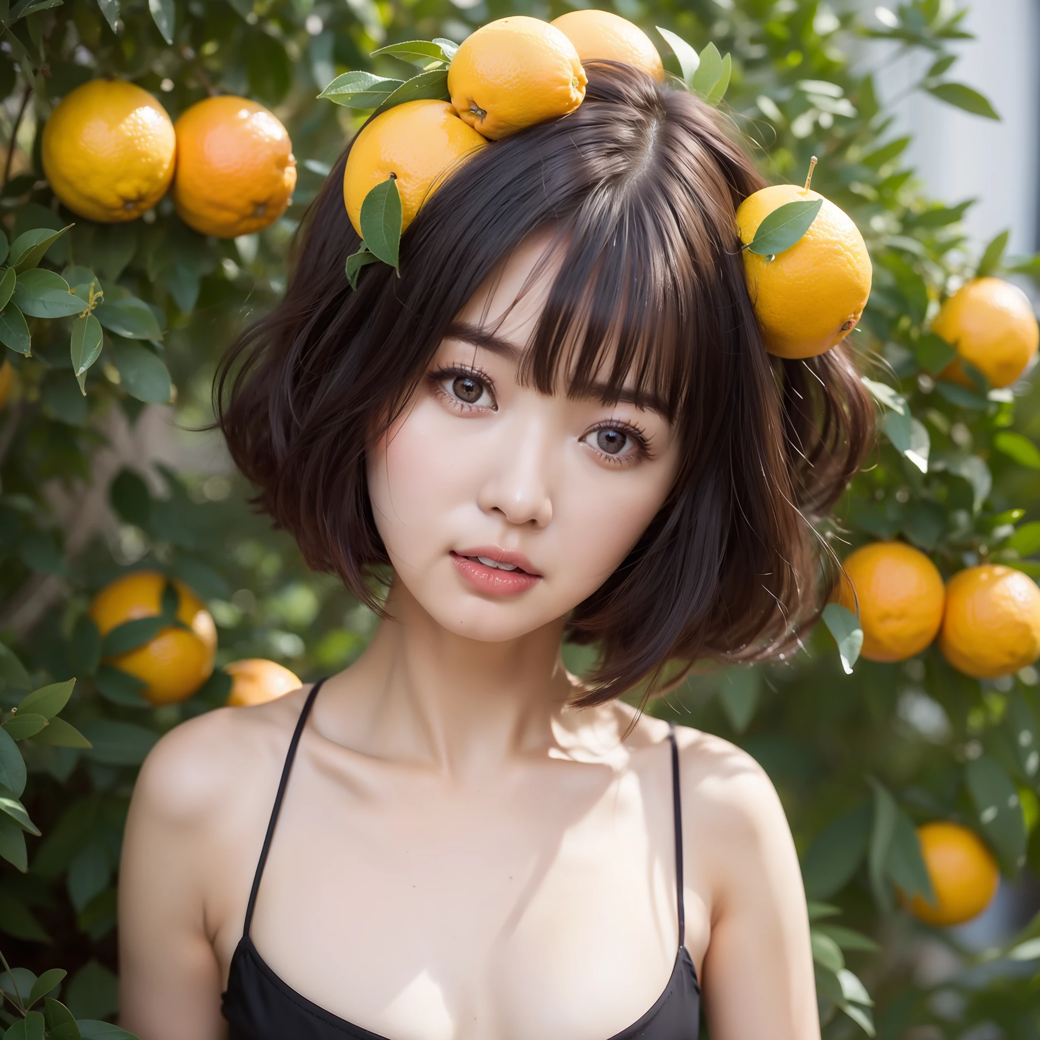 A large amount of oranges rained down, the face of a beautiful girl who is frightened, hair is bobcut, black hair