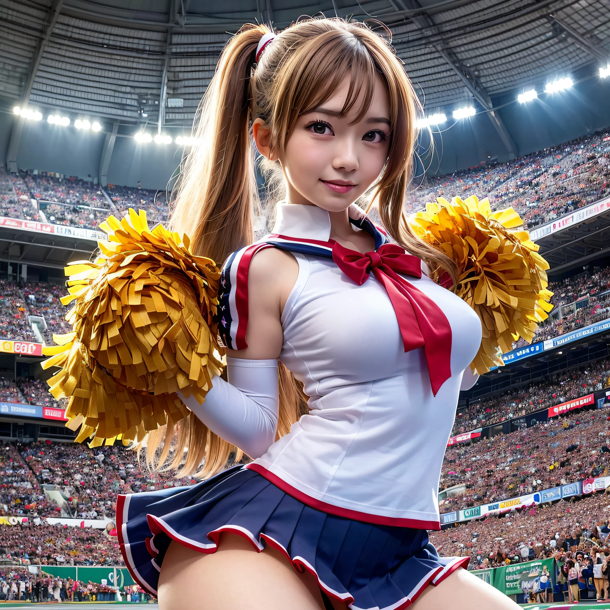 Two Ara-Fed Asian Cheerleaders in Dynamic Pose with Large Pom-Poms in Both Hands in Stadium, Close Up, Cosplay Photos, Anime Cosplay, Small Breasts, RAW Photos, Best Quality, High Resolution, (Masterpiece), (Photorealistic:1.4), Professional Photography, Sharp Focus, HDR, 8K Resolution, Complex Details, Depth of Field, Highly detailed cg Unity 8k wallpaper, front light, NSFW, women, girl, beautiful supermodel, smile, slender, small cheer uniform, yellow, Marie Rose, sailor suit, highly detailed face and skin texture, wearing jacket