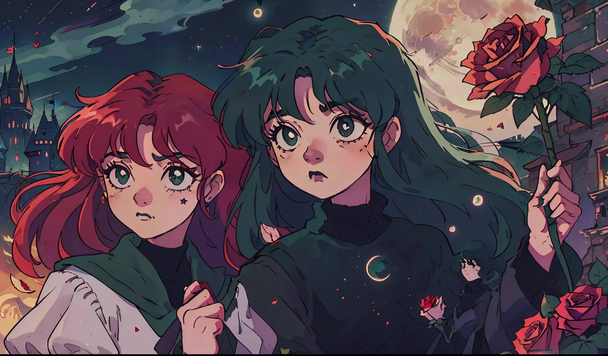 The scene depicts a starry night in a gothic anime setting from the 80s. This will include the characteristic art style of that era, with sharper lines and more saturated colors. Additionally, the gothic elements and romantic aesthetics will be emphasized to fit the style of that time. In the background, there is a majestic castle with tall towers and eerie gargoyles. The castle is illuminated by the faint light of the moon, giving it a mysterious atmosphere. Surrounding the castle, beautiful red rose bushes are in full bloom, filling the air with their sweet scent. In the foreground, a young woman with dark green curly hair is standing outside the castle. She wears an elegant gothic-style dress with lace details and puffy sleeves. Her eyes reflect the moonlight, conveying a mixture of melancholy and determination. She holds a bouquet of red roses in her hands, symbolizing her connection with nature and her vibrant spirit.