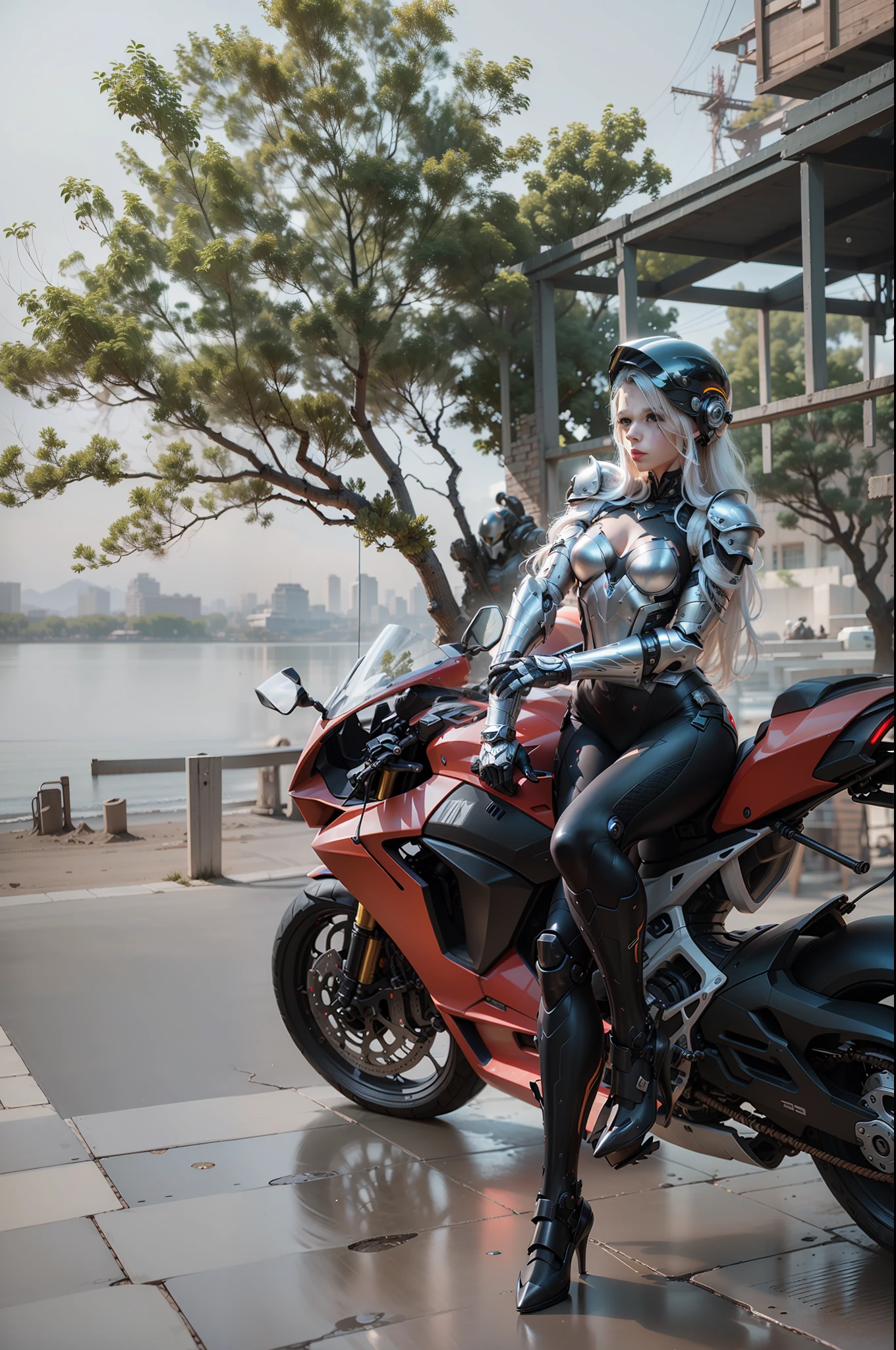 Sexy cyberfemale warrior holding helmet with long flowing white hair. Full body exquisite high-tech armor, exquisite black tech helmet, Nousr, biomechanics, MSHN robot man, high-tech helmet, surreal, steel, intricate design, crazy details, fine details, extremely clear lines, cinematic lighting, photo realism, detailed masterpiece