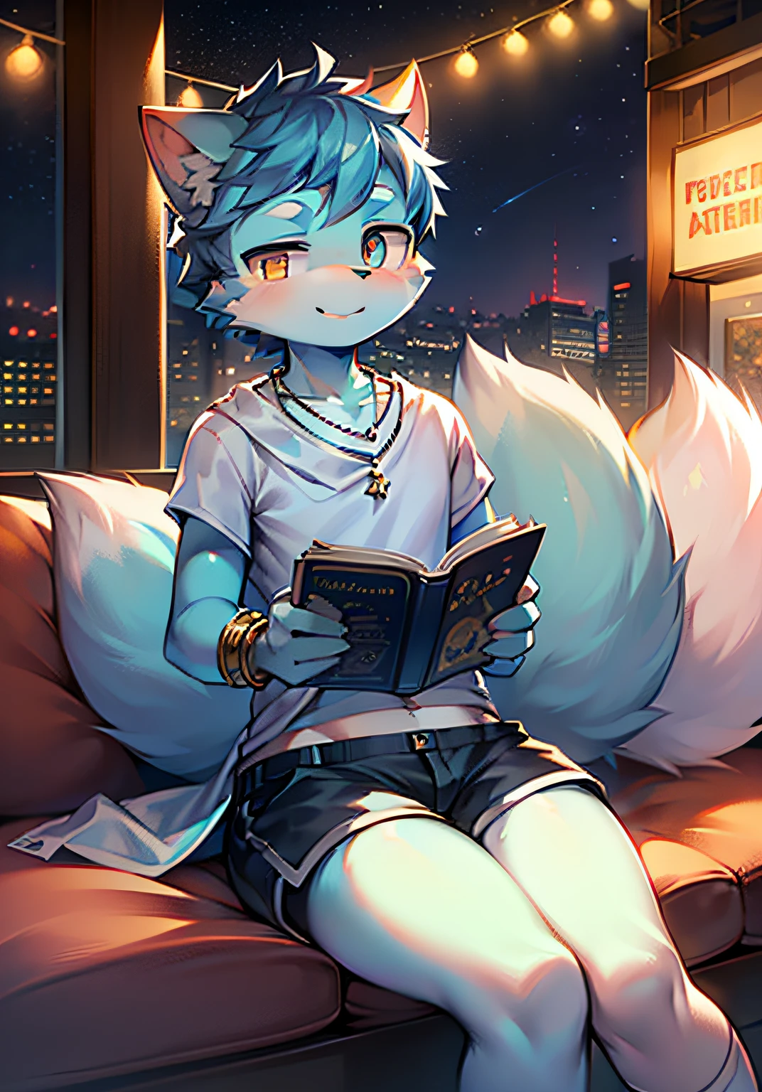 Inside the Ferris wheel, city, night, starry sky, single, orc Shota, light blue hair everywhere, light blue fur everywhere, super cute face, light blue cat ears, light blue short hair, silver necklace, left pupil golden, right pupil sky blue, band-aid on the bridge of the nose, squint, smile, powder blue shawl, white T-shirt, collarbone, woven bracelet, band-aid on the jaw, shorts, large and fluffy fox tail, three tails, white socks, sky blue low-state sneakers, 3D, background blur, look at the reader, look down