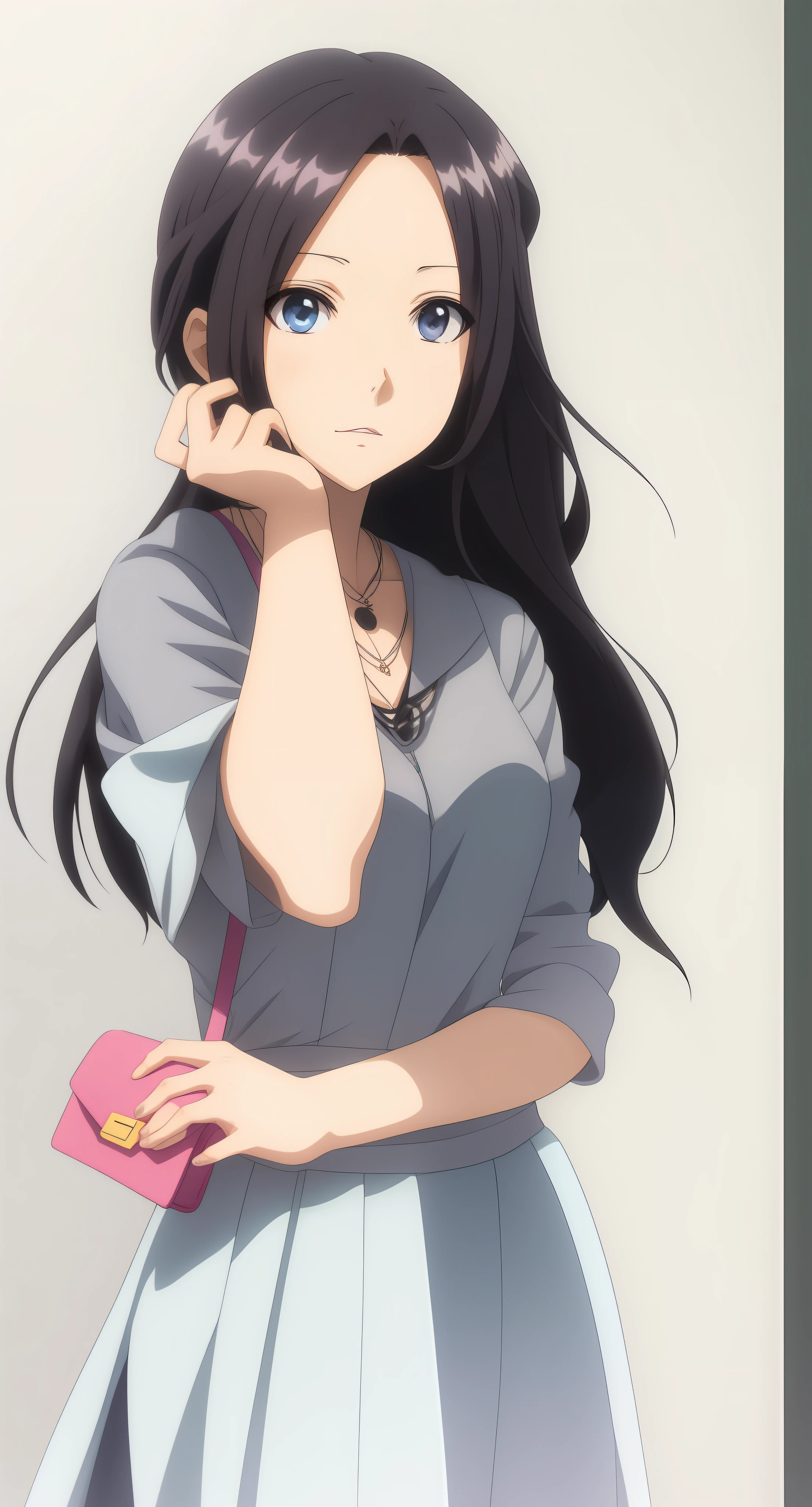 Anime girl with long black hair and blue dress holding pink purse, beautiful anime high school girl, anime girl with long hair, cute girl with anime visual, attractive anime girl, (anime girl), beautiful anime girl, anime best girl, beautiful anime girl, cute anime girl, cute anime girl portrait, delicate necklace, light lipstick, hands drooping